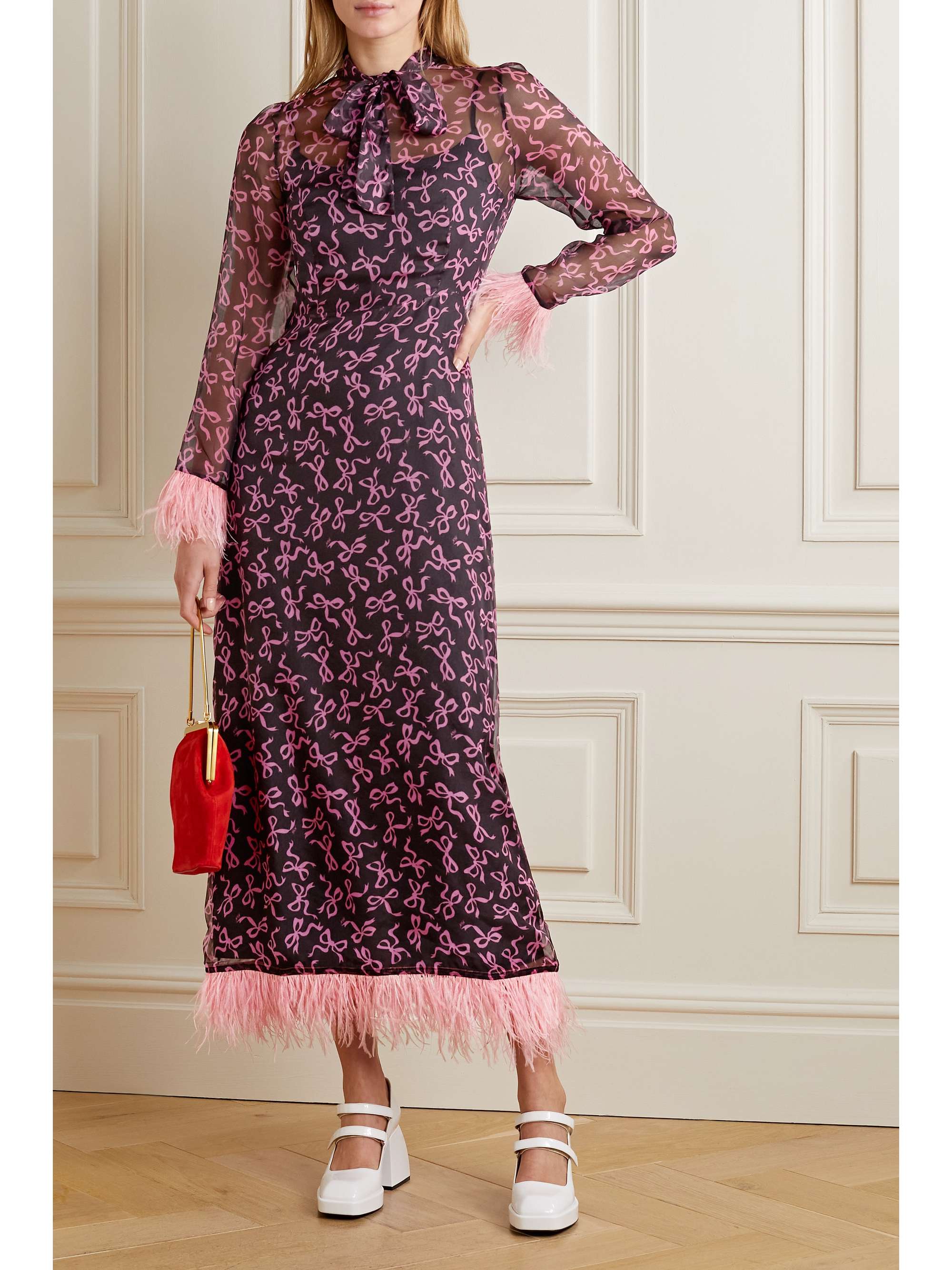 HVN Elisa feather-trimmed printed silk-chiffon midi dress