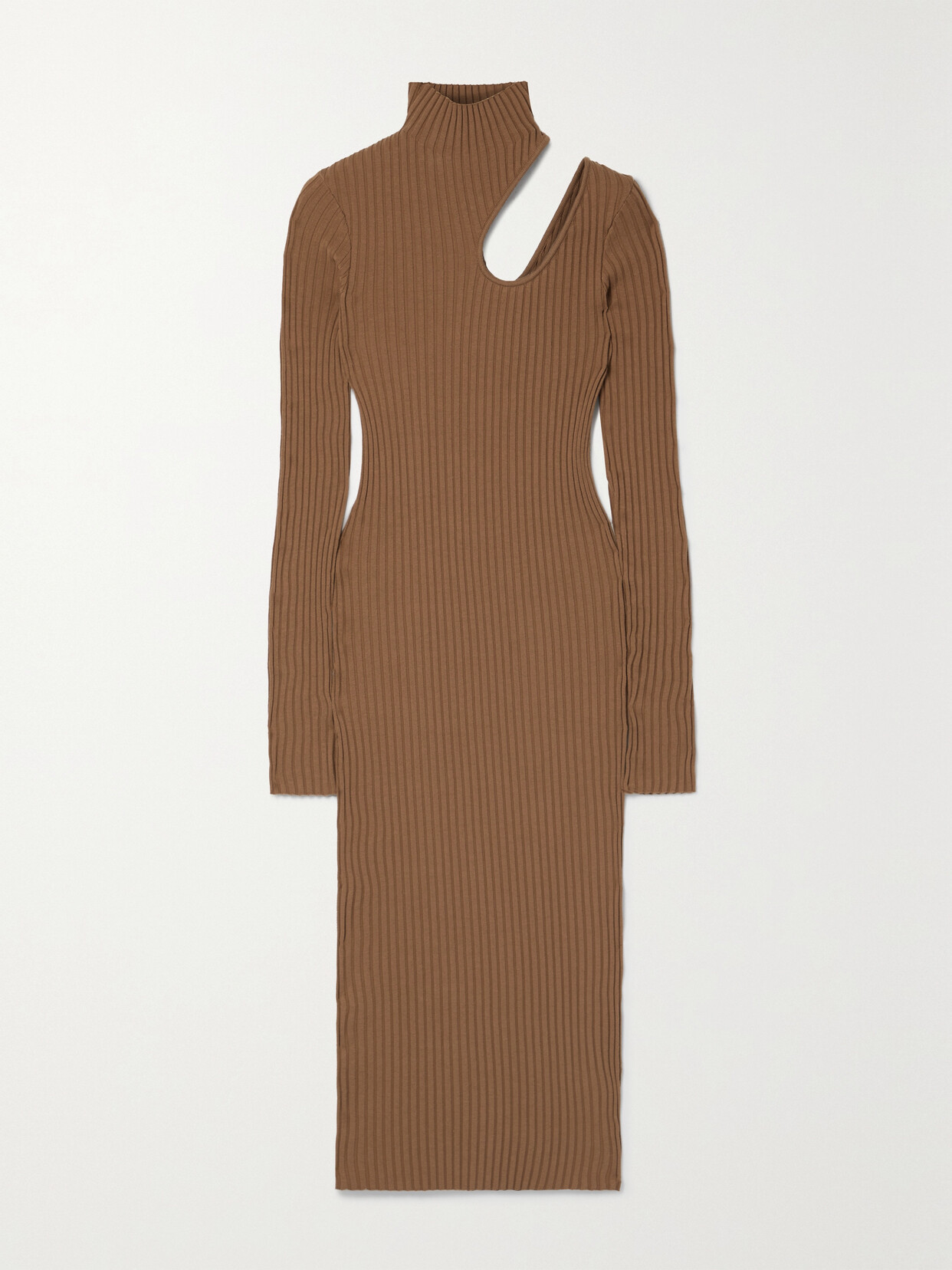 Anine Bing - Victoria Cutout Ribbed Cotton Turtleneck Midi Dress - Brown