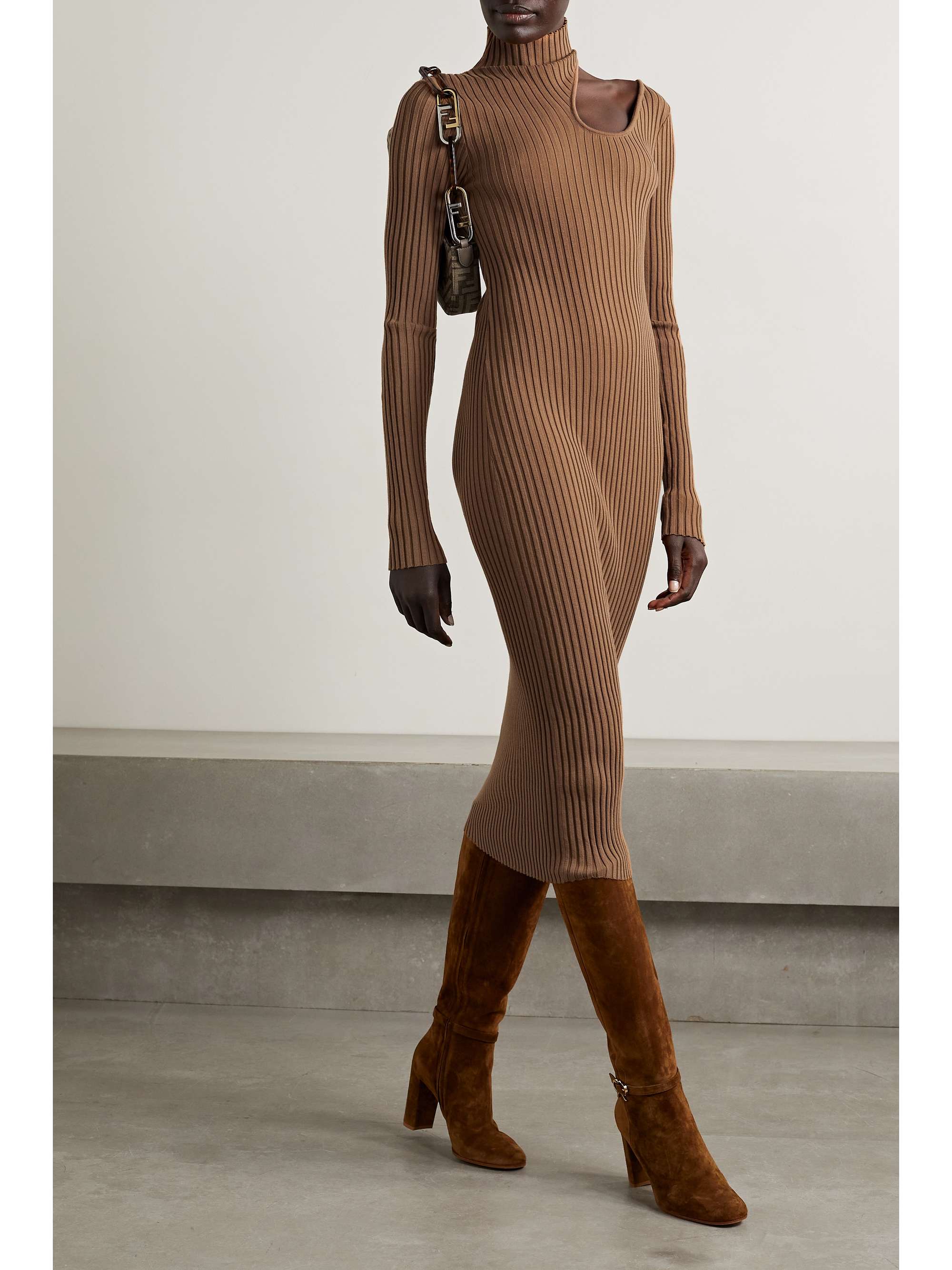 ANINE BING Victoria cutout ribbed cotton turtleneck midi dress