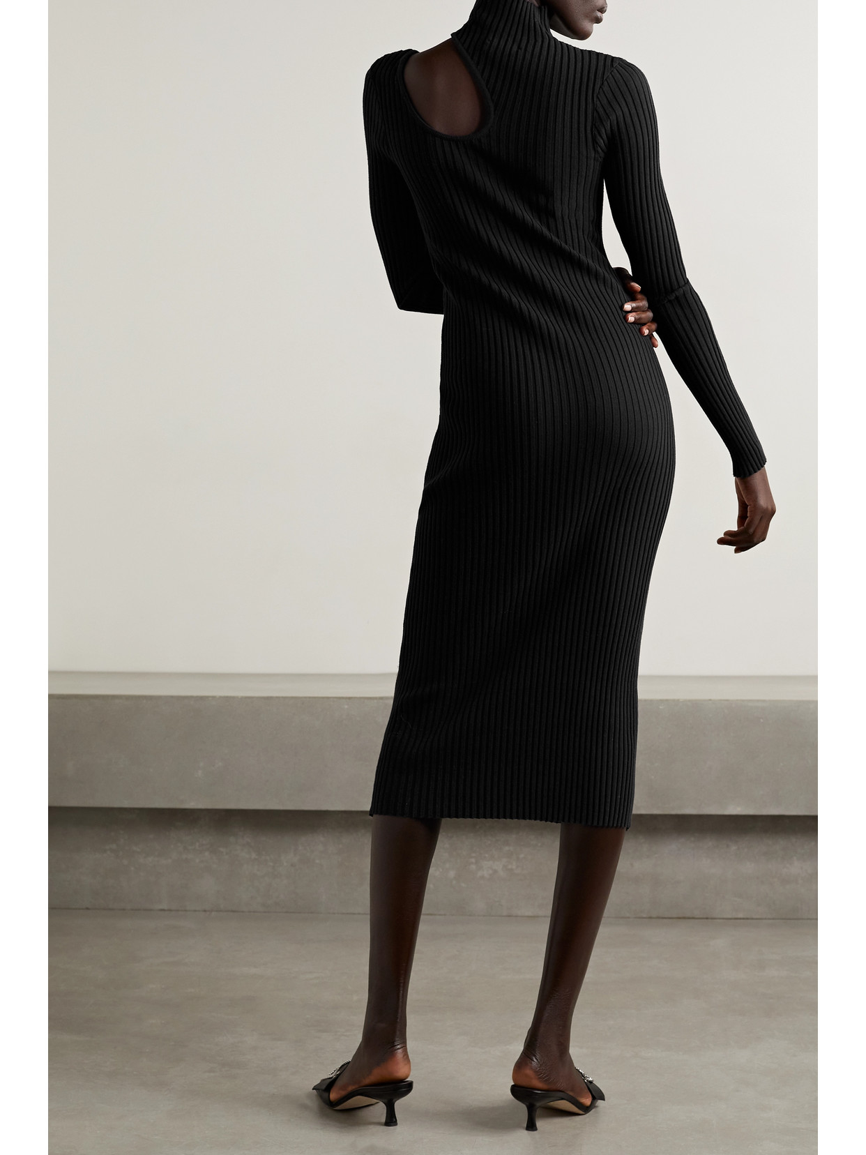 ANINE BING VICTORIA CUTOUT RIBBED COTTON TURTLENECK MIDI DRESS