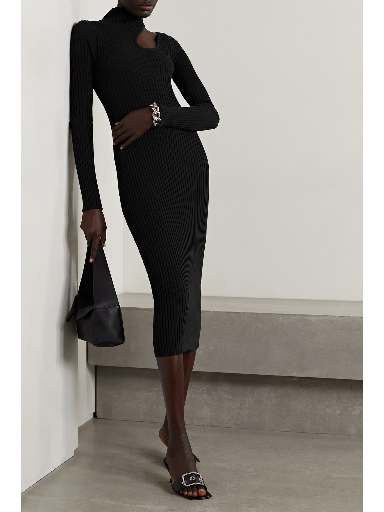 ANINE BING VICTORIA CUTOUT RIBBED COTTON TURTLENECK MIDI DRESS