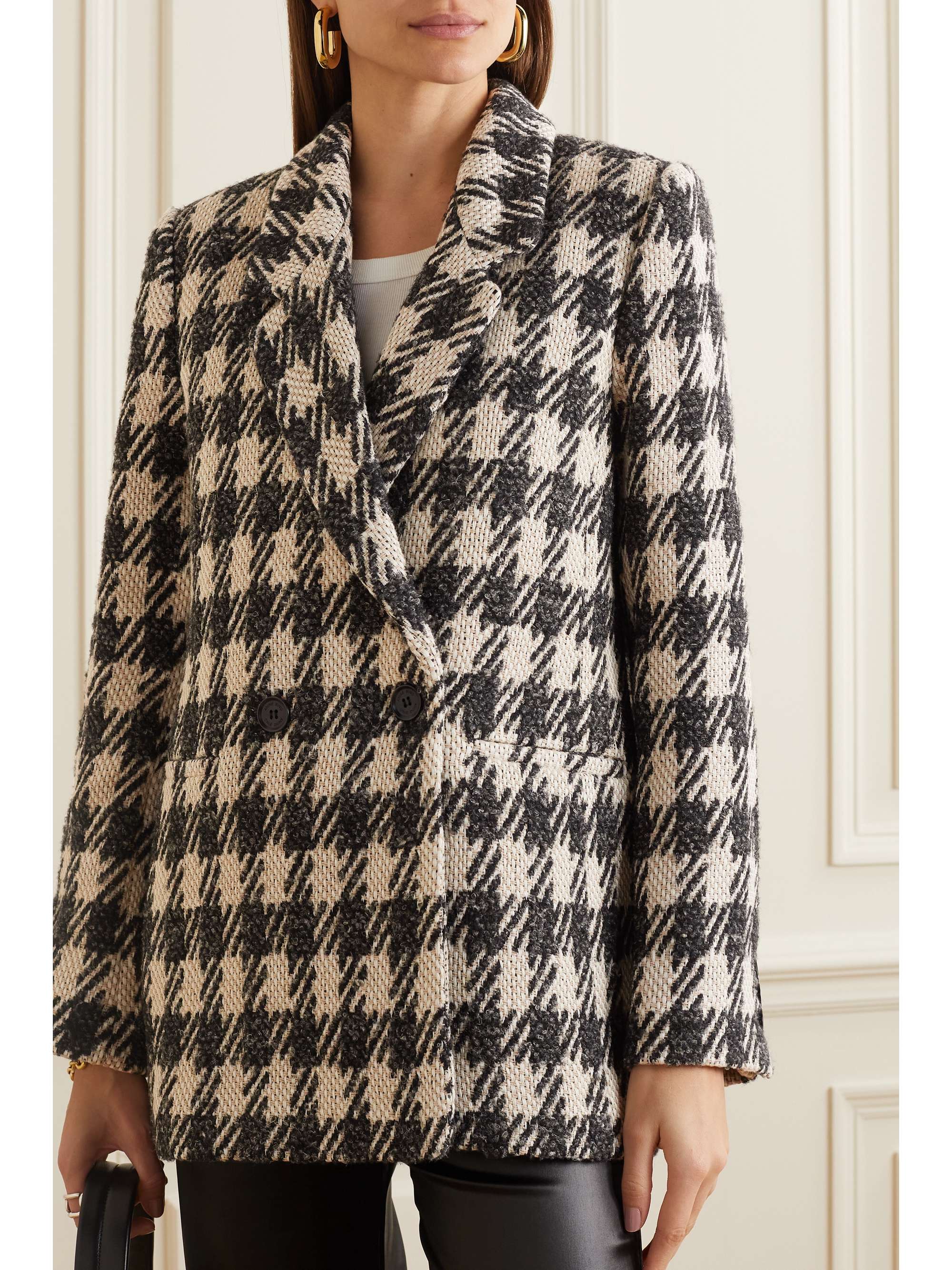 ANINE BING Diana double-breasted houndstooth cotton-blend tweed blazer