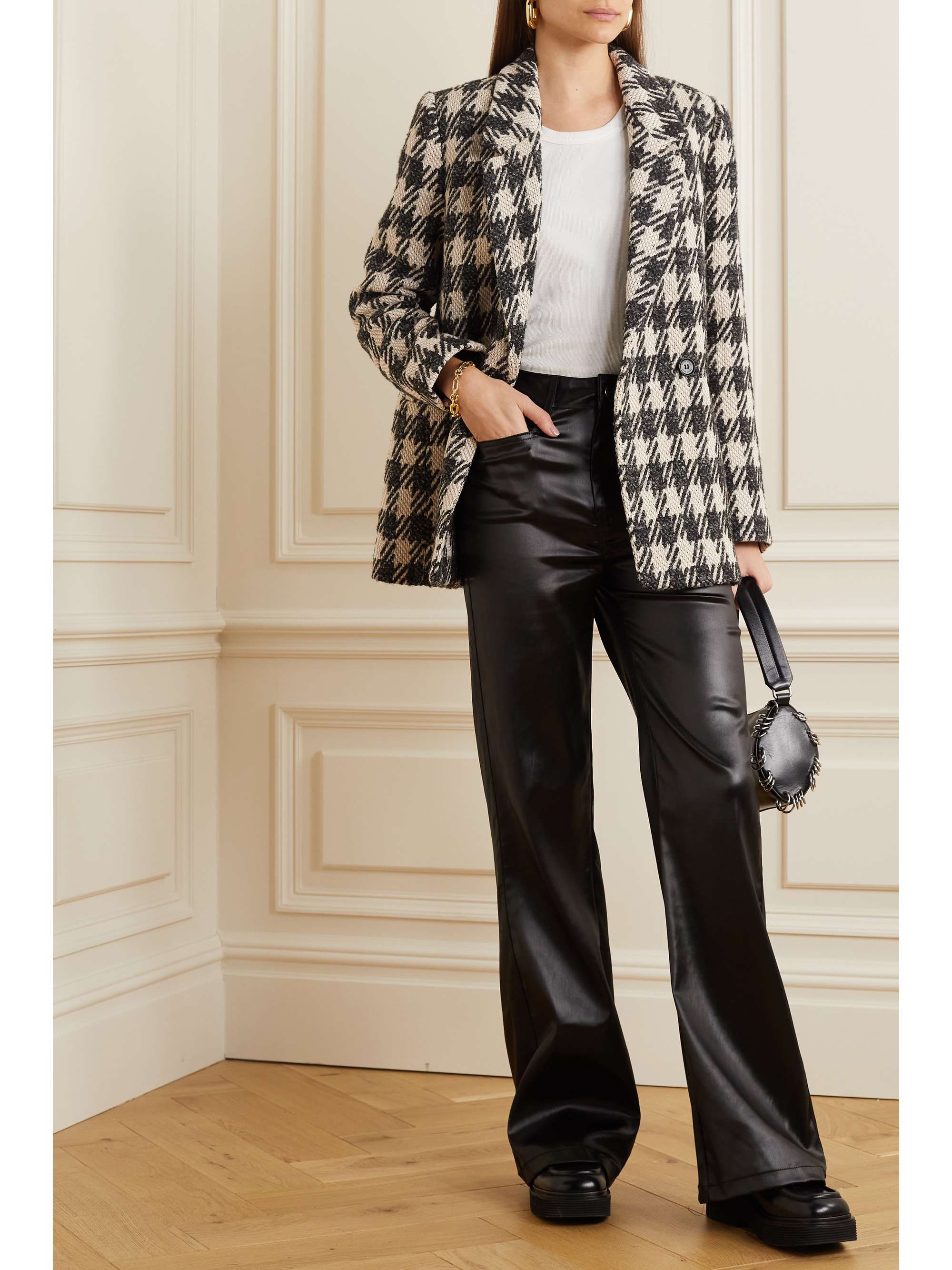 ANINE BING Diana double-breasted houndstooth cotton-blend tweed blazer