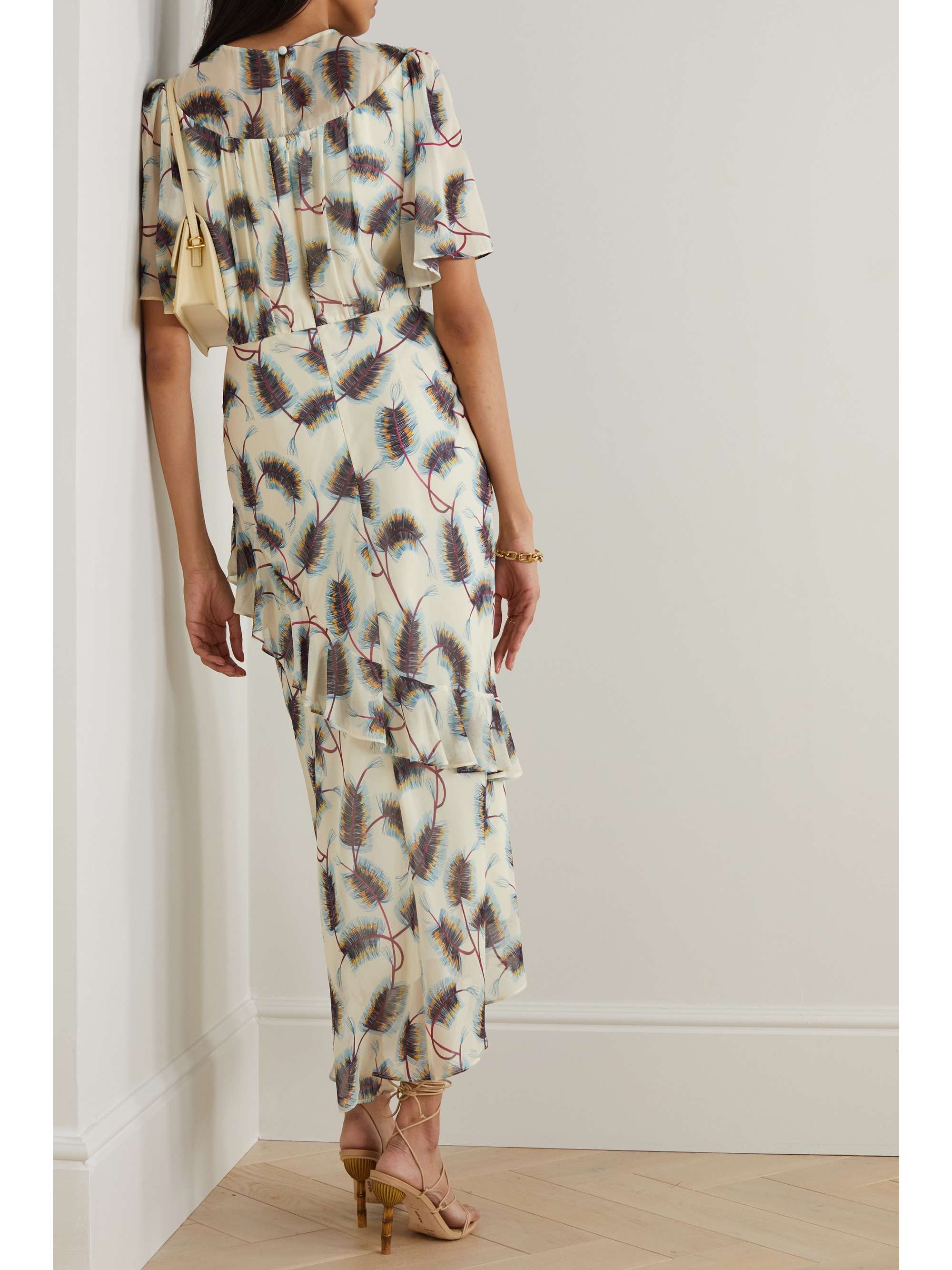 SALONI Vida ruffled embroidered printed silk-chiffon midi dress