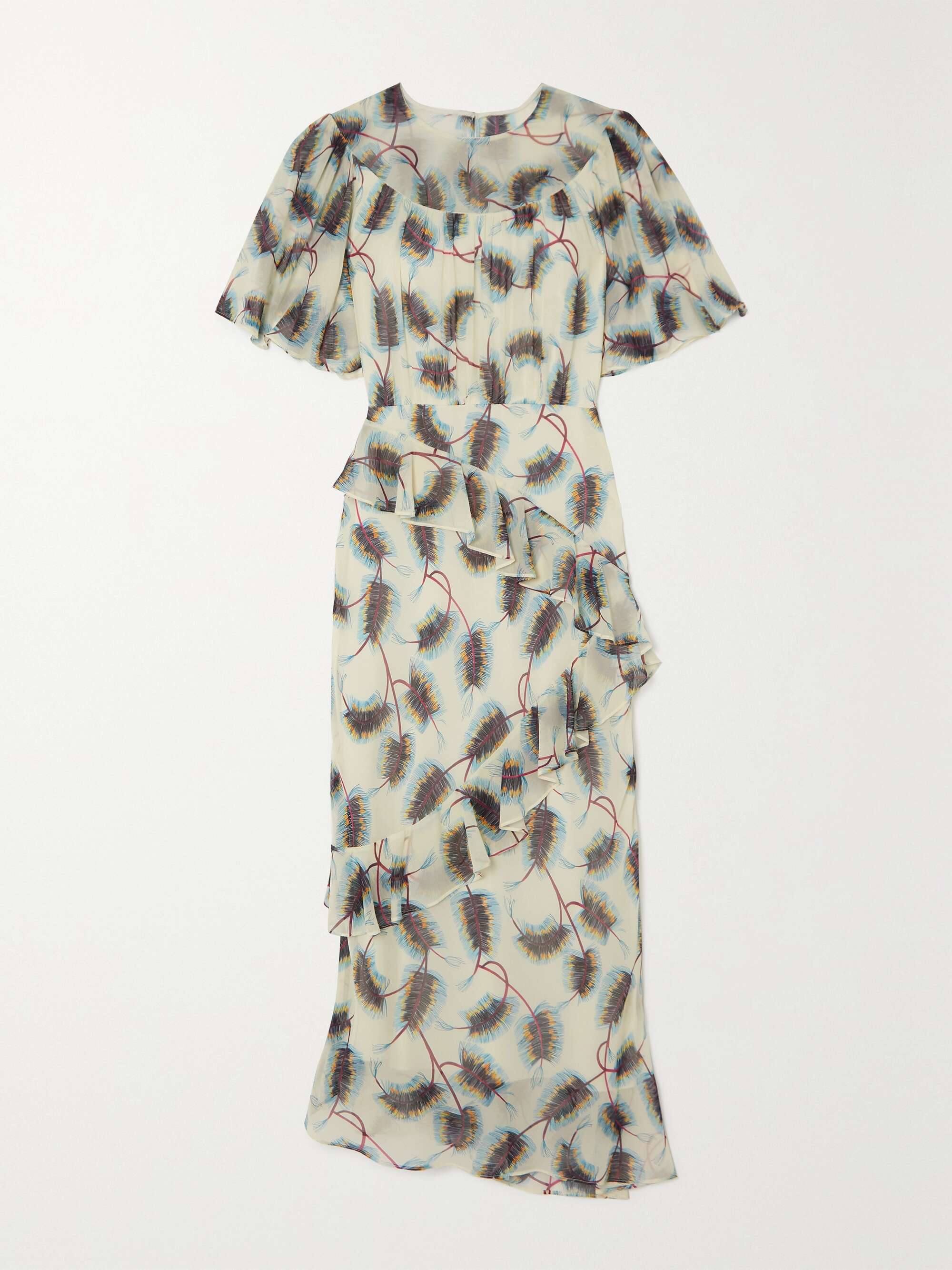 SALONI Vida ruffled embroidered printed silk-chiffon midi dress