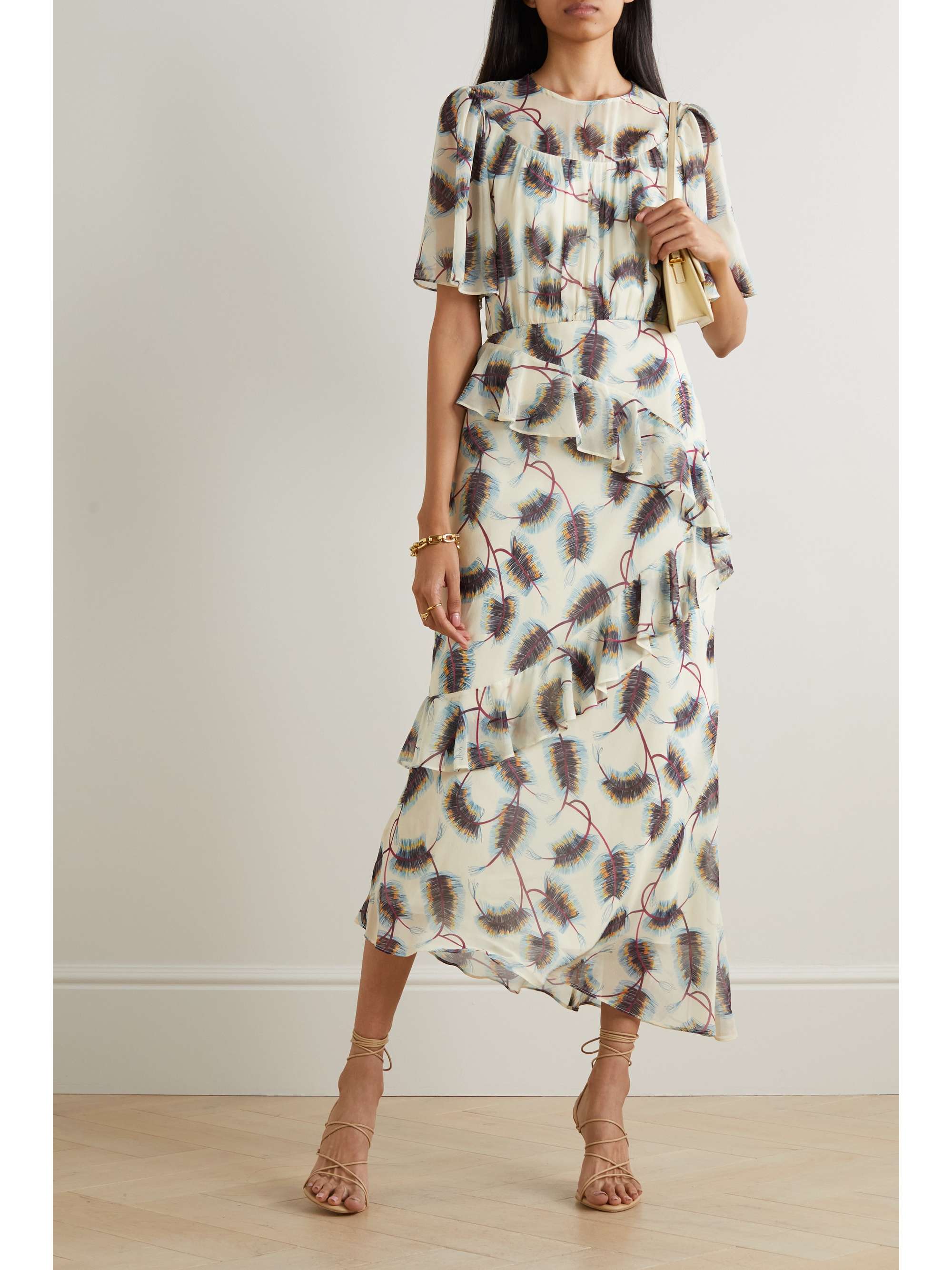 SALONI Vida ruffled embroidered printed silk-chiffon midi dress