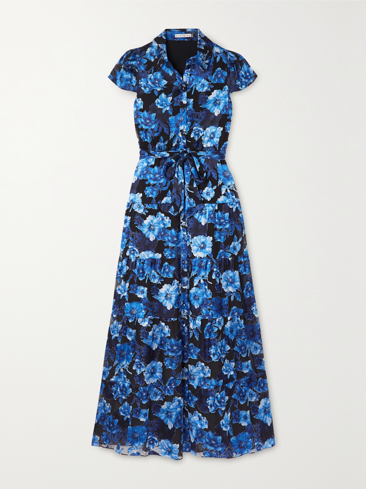 Alice + Olivia - Miranda Tiered Floral-print Voile Maxi Shirt Dress - Blue