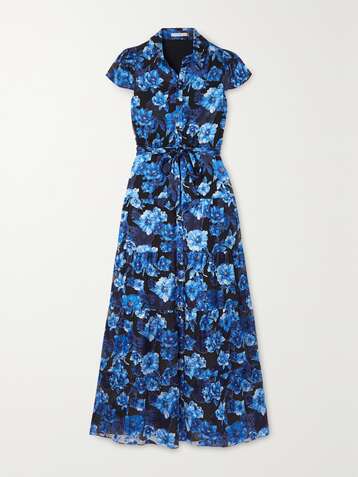 앨리스 앤 올리비아 ALICE + OLIVIA Miranda tiered floral-print voile maxi shirt dress,Blue