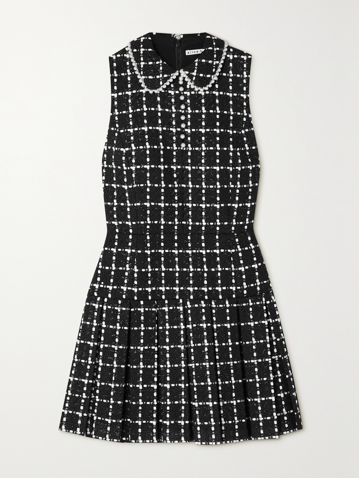 Shop Alice And Olivia Ellis Faux Pearl-embellished Metallic Bouclé-tweed Mini Dress In Black