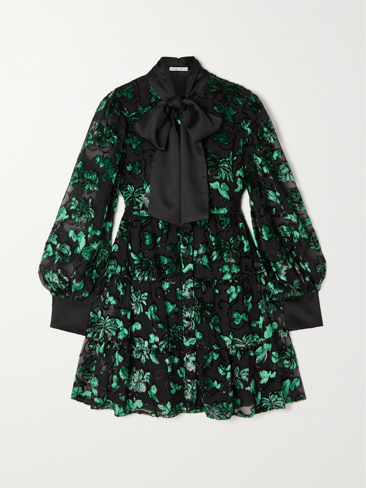 Alice + Olivia - Rowen Pussy-bow Satin And Metallic Flocked Chiffon Mini Dress - Green