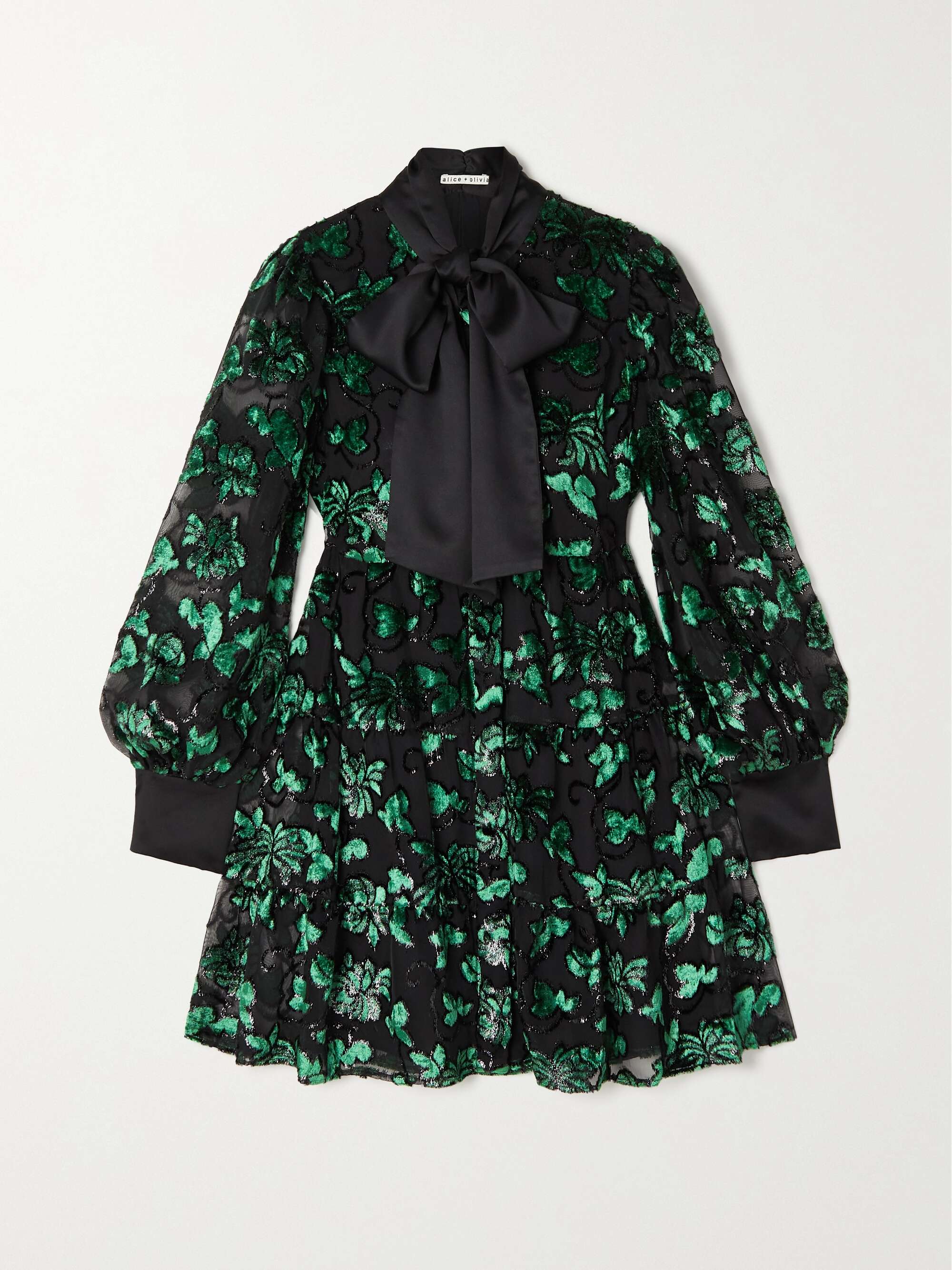 ALICE + OLIVIA Rowen pussy-bow satin and metallic flocked chiffon mini ...