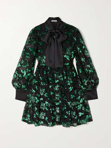 앨리스 앤 올리비아 ALICE + OLIVIA Rowen pussy-bow satin and metallic flocked chiffon mini dress,Emerald