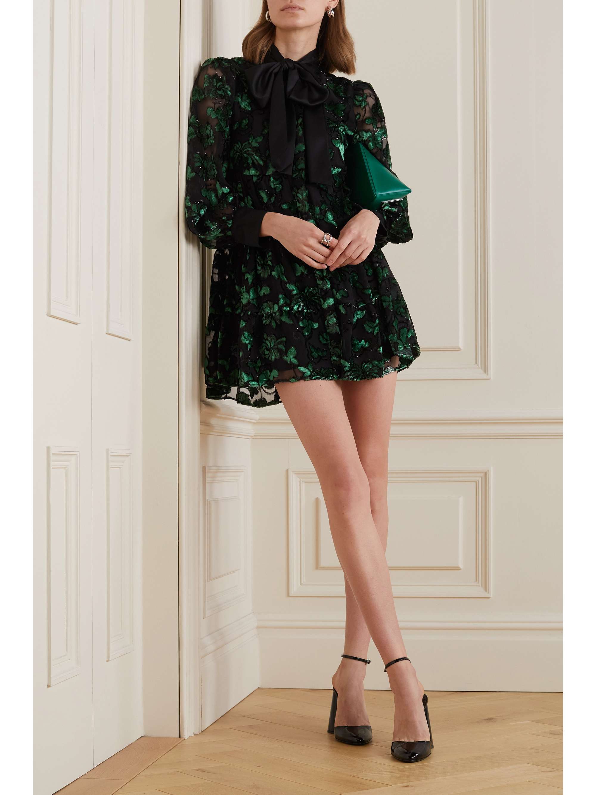 Emerald Rowen Pussy Bow Satin And Metallic Flocked Chiffon Mini Dress