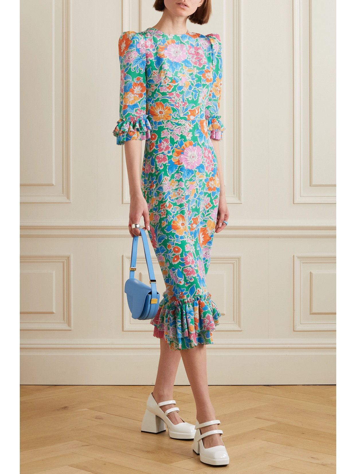 Shop The Vampire's Wife The Falconetti Ruffled Floral-print Silk-crepe Midi Dress In Green