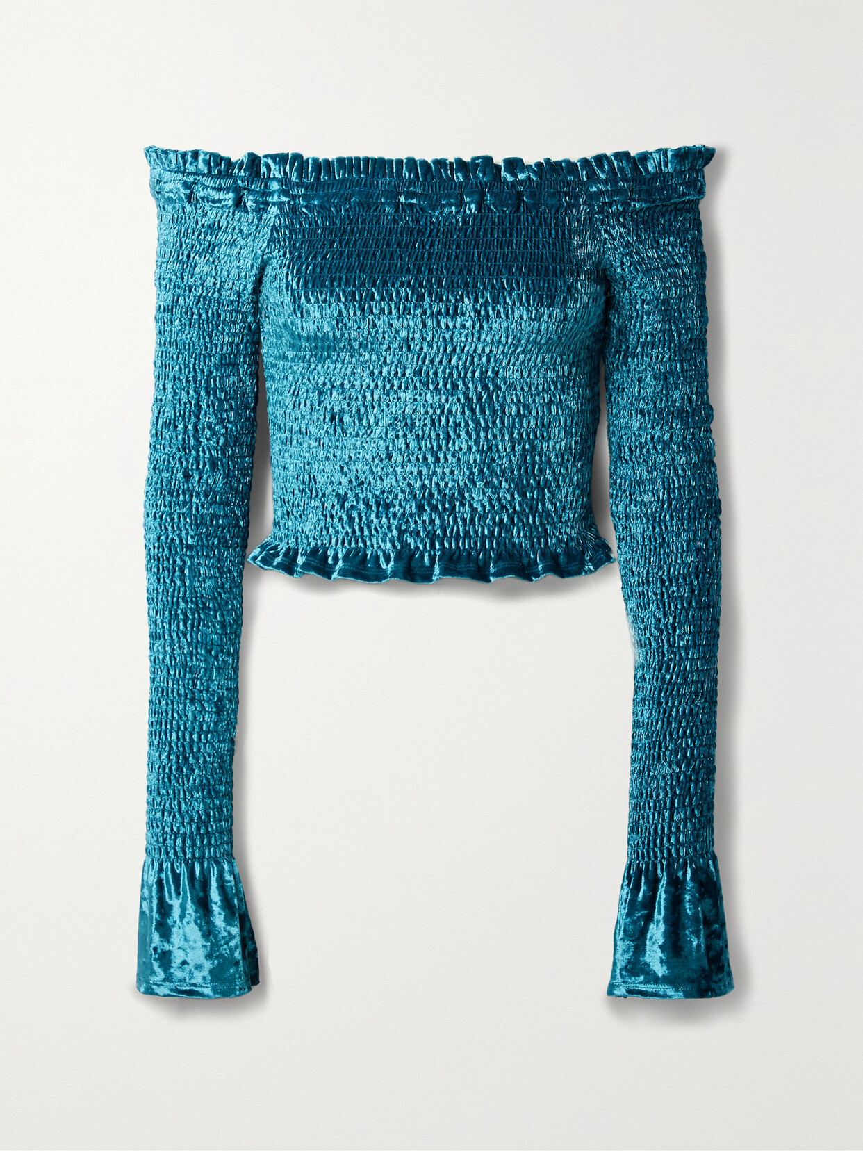 CAROLINE CONSTAS Megara Off-the-shoulder Shirred Stretch-velvet Top - Blue