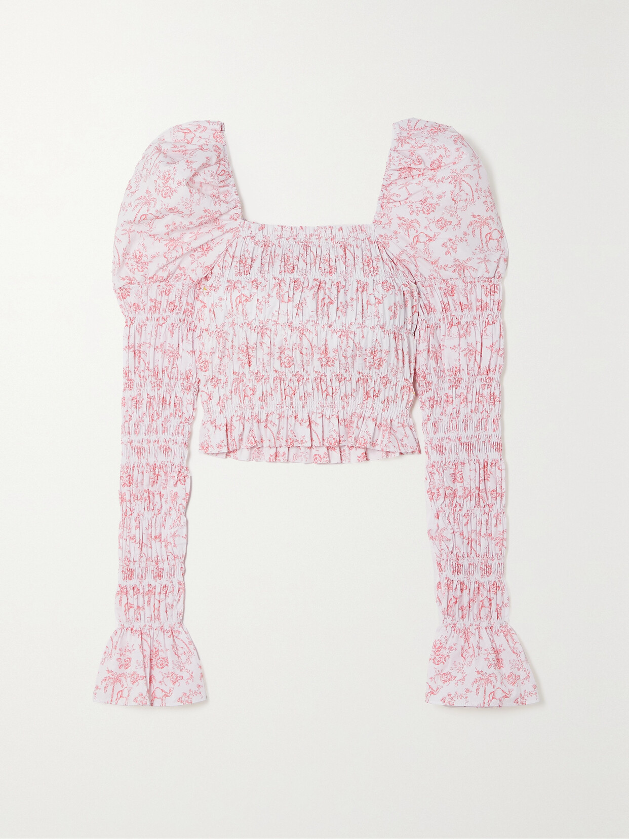 CAROLINE CONSTAS Delilah Floral-print Shirred Cotton-blend Top - White