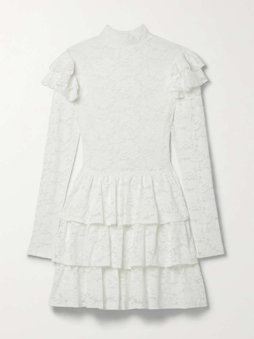 CAROLINE CONSTAS Emily Ruffled Tiered Stretch-lace Mini Dress - x small
