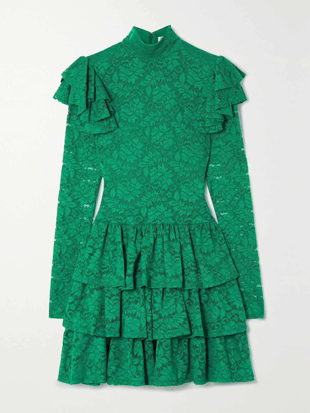 CAROLINE CONSTAS Emily Ruffled Tiered Stretch-corded Lace Mini Dress - Green