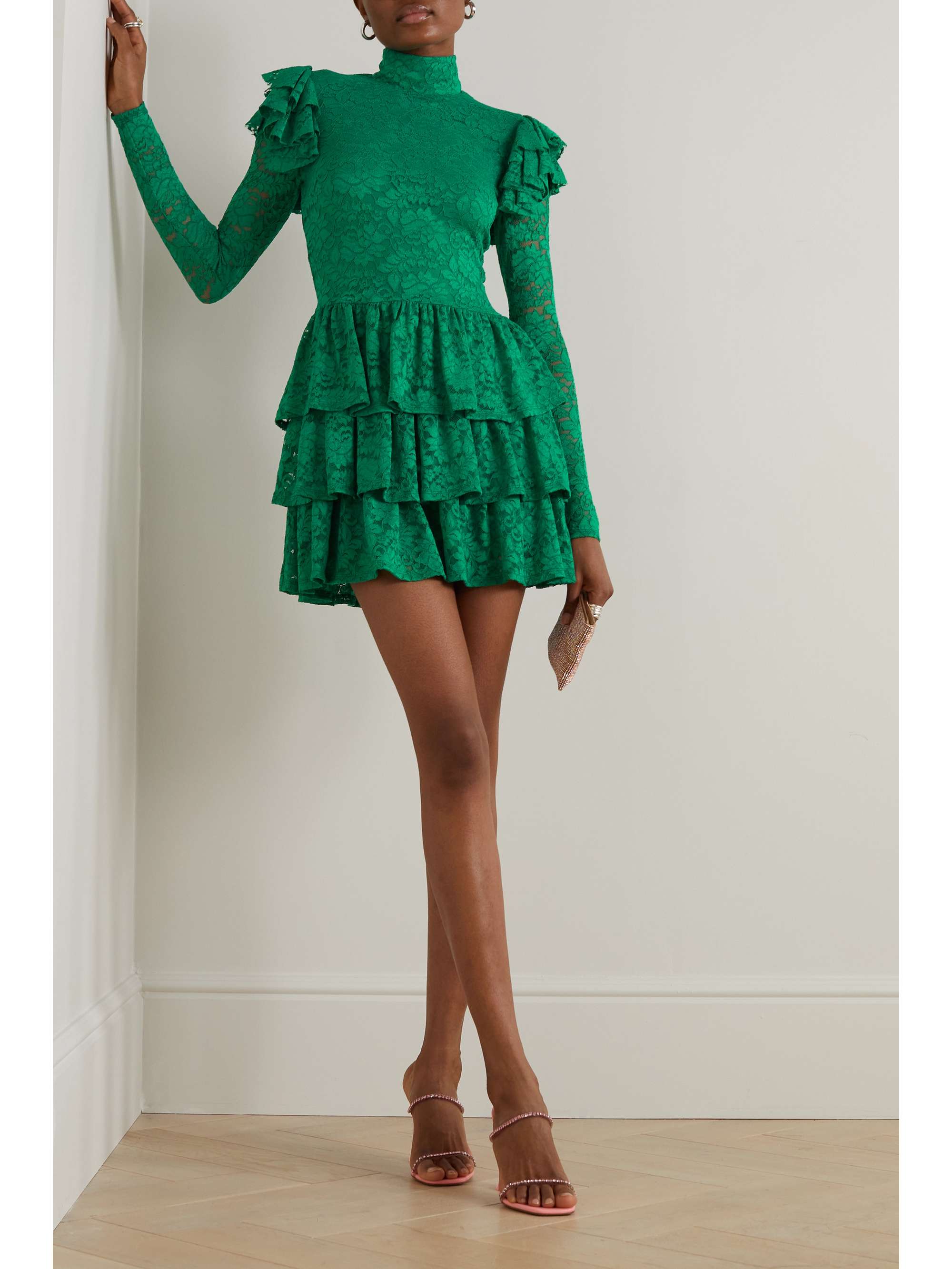 CAROLINE CONSTAS Emily ruffled tiered stretch-corded lace mini dress