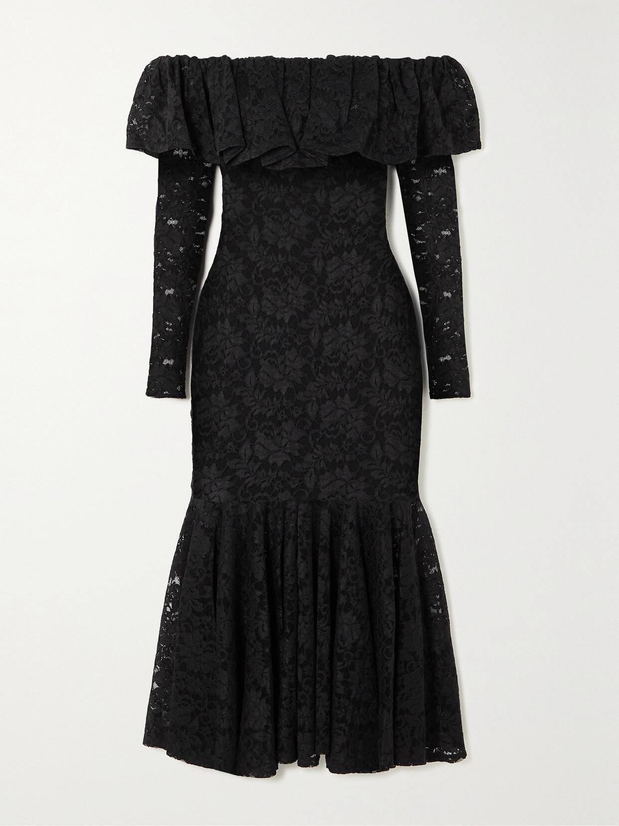 Shop Caroline Constas Alessia Off-the-shoulder Ruffled Stretch-lace Dress In Black