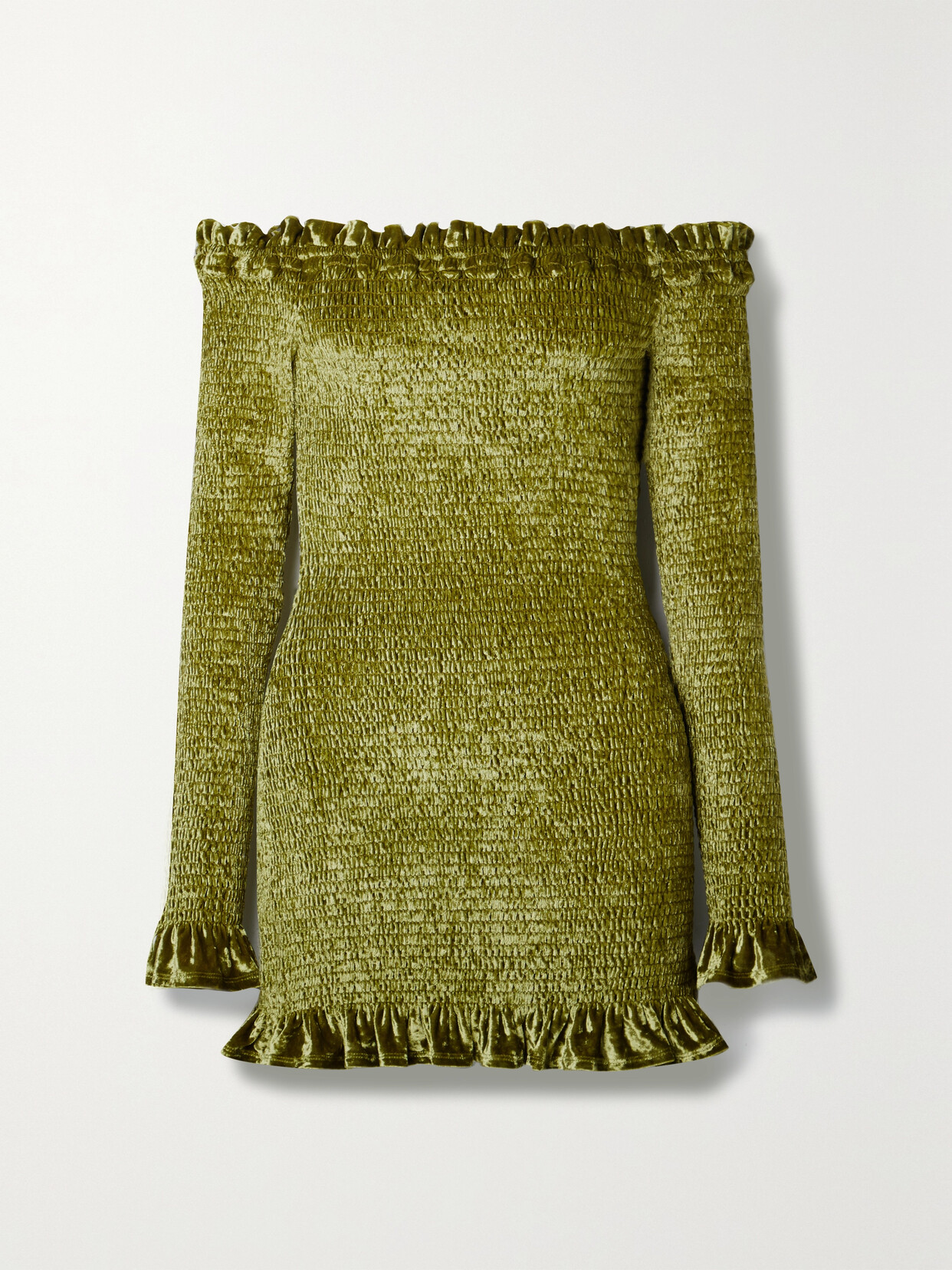 CAROLINE CONSTAS Megara Off-the-shoulder Shirred Stretch-velvet Mini Dress - Green
