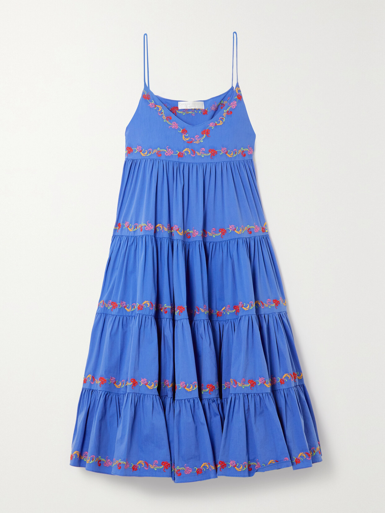 CAROLINE CONSTAS Katarina Tiered Embroidered Cotton-blend Poplin Midi Dress - Blue