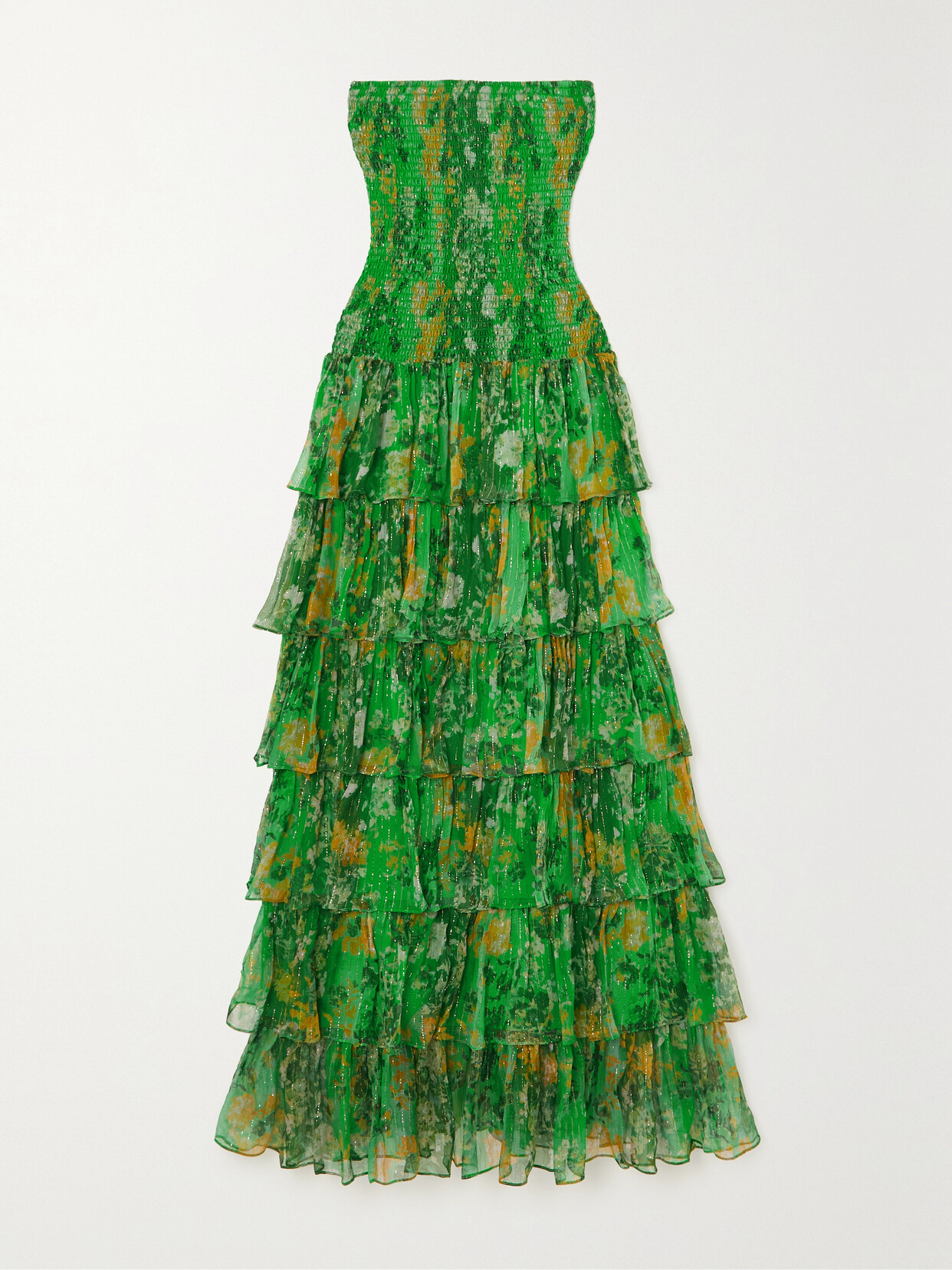CAROLINE CONSTAS Karina Strapless Tiered Floral-print Silk And Lurex-blend Chiffon Gown