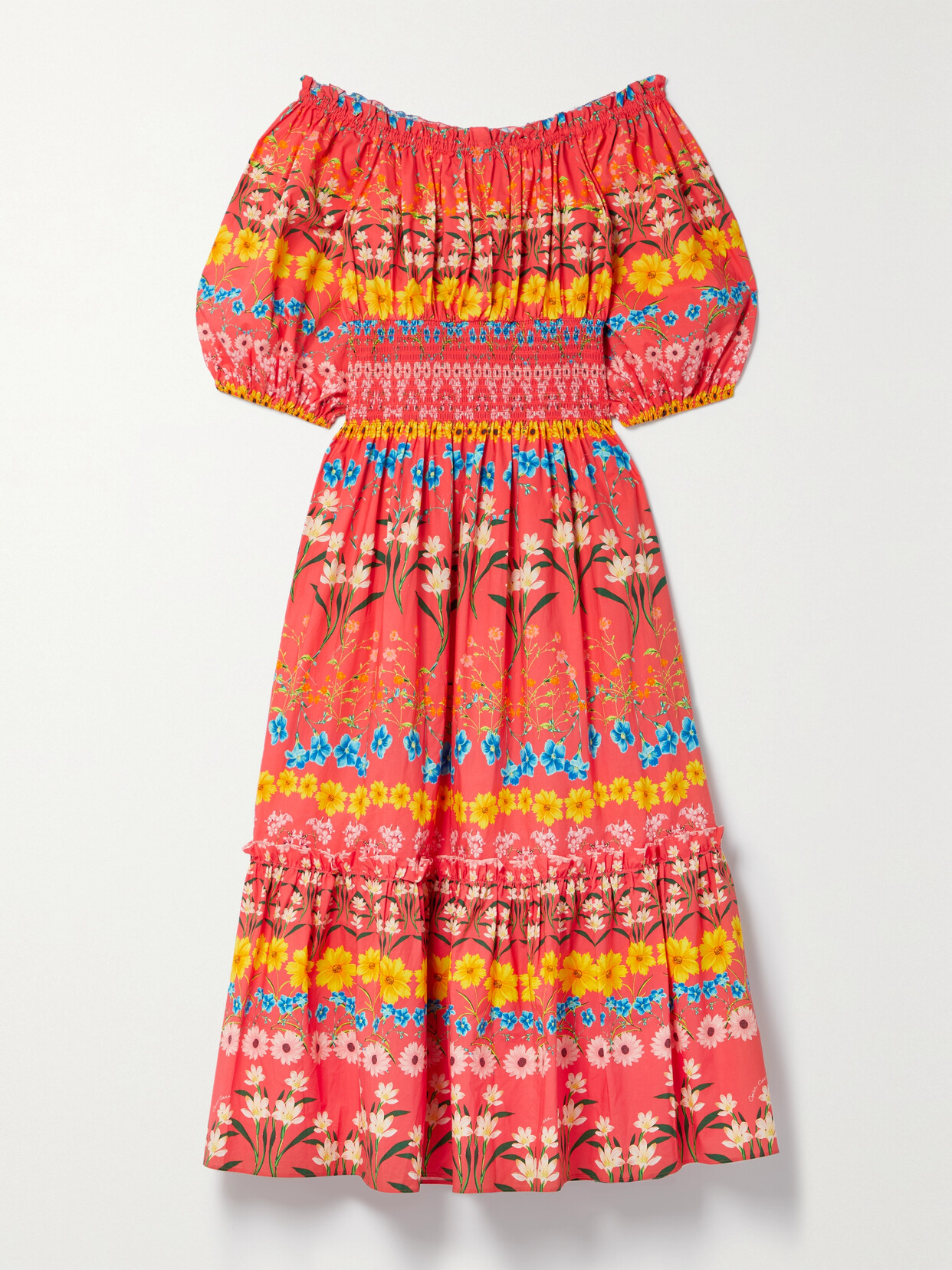CARA CARA MIMI OFF-THE-SHOULDER SHIRRED FLORAL-PRINT COTTON-POPLIN MIDI DRESS