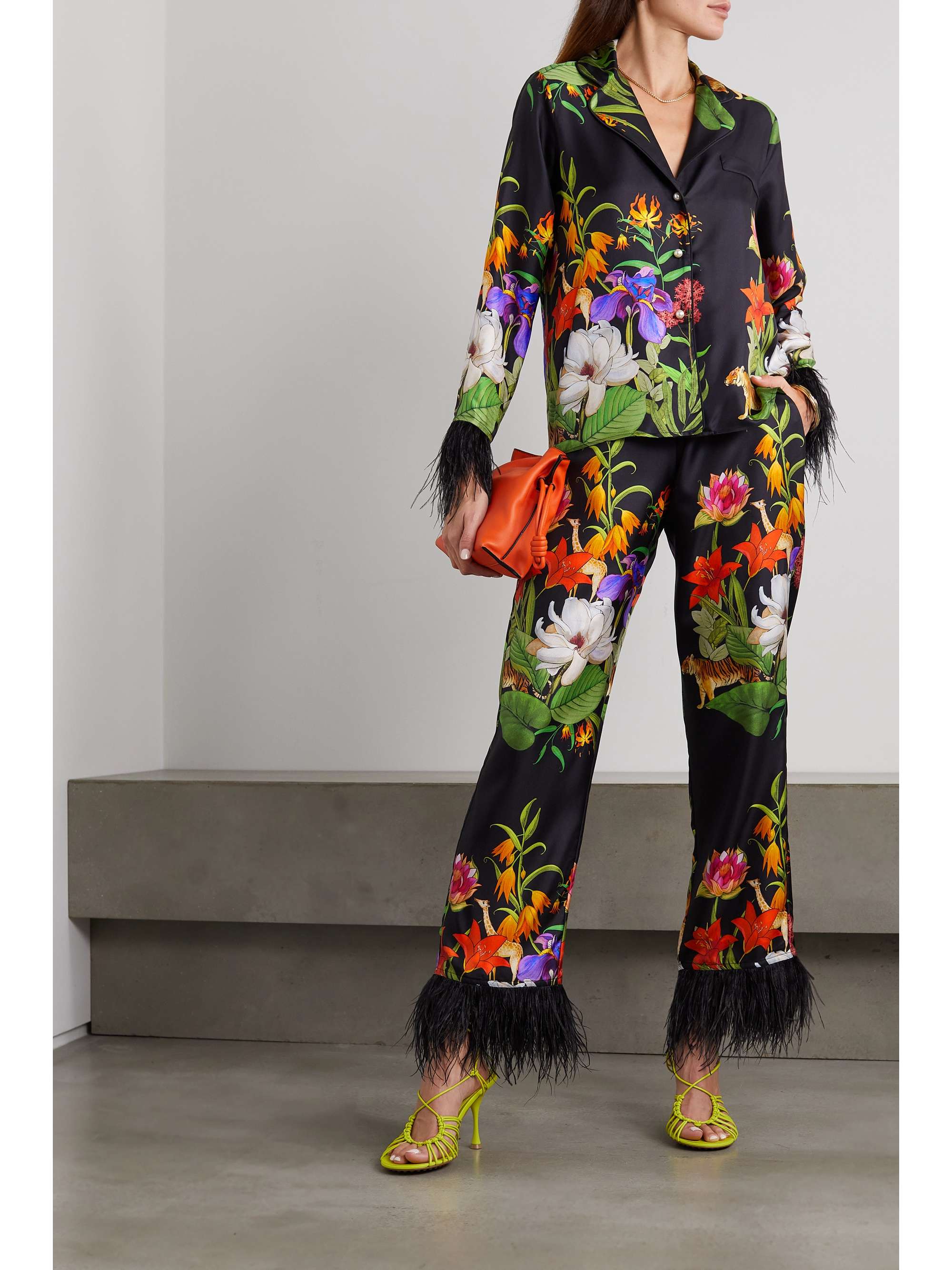 BORGO DE NOR Eden Hemd aus Seiden-Twill mit Blumenprint und Federn