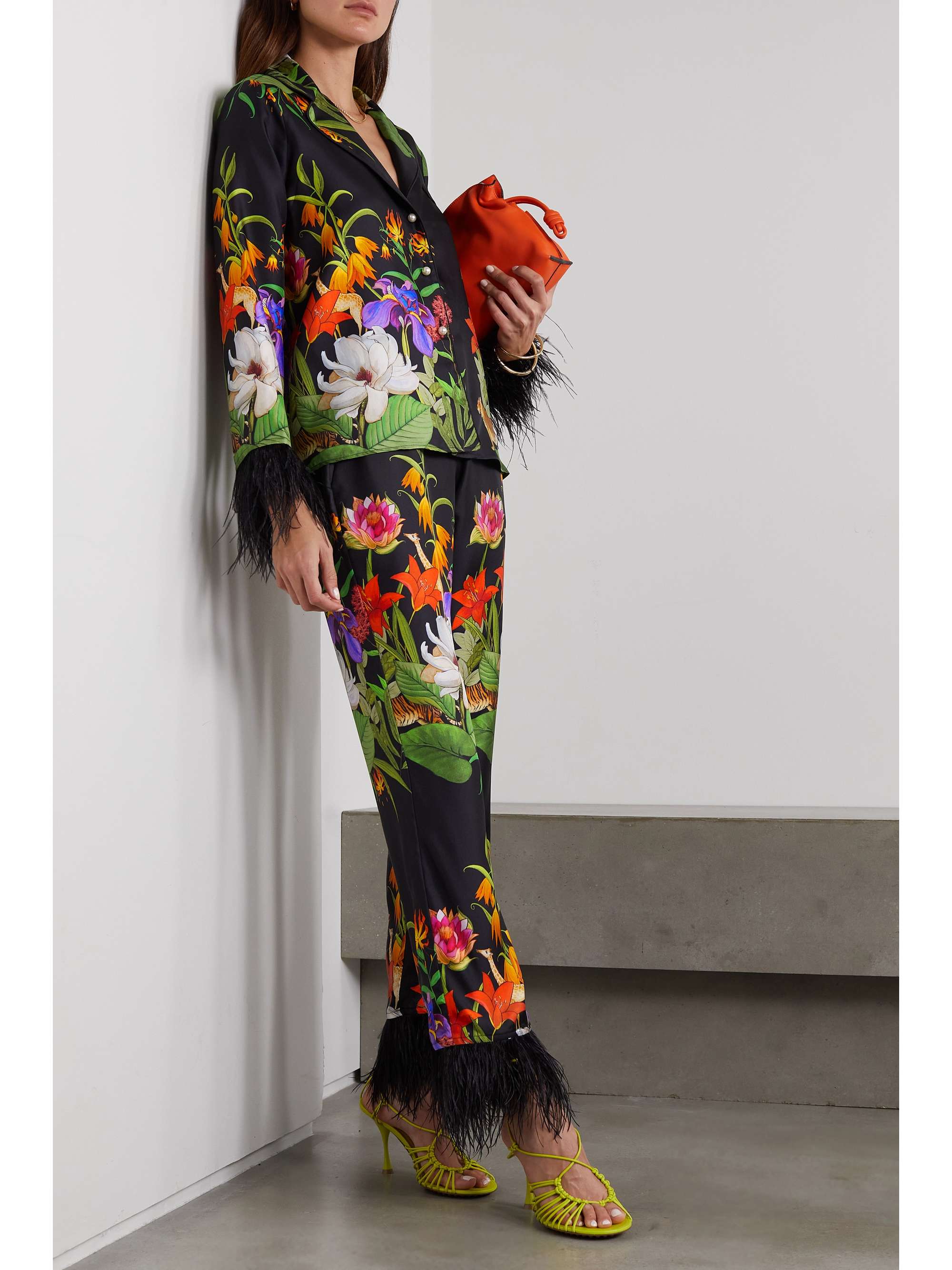 BORGO DE NOR Eden Hose mit geradem Bein aus Seiden-Twill mit Blumenprint und Federn