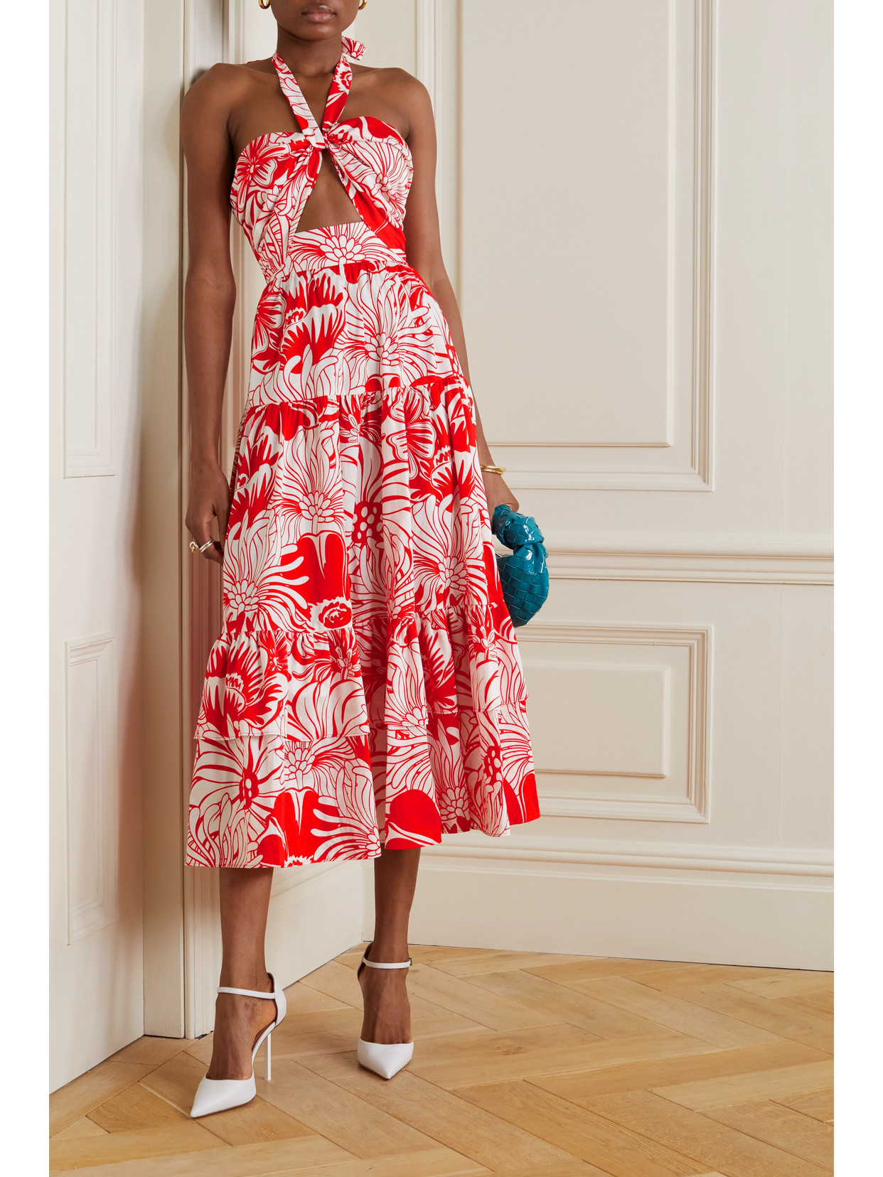 Shop Borgo De Nor Marley Tiered Floral-print Cotton-poplin Halterneck Midi Dress In Red