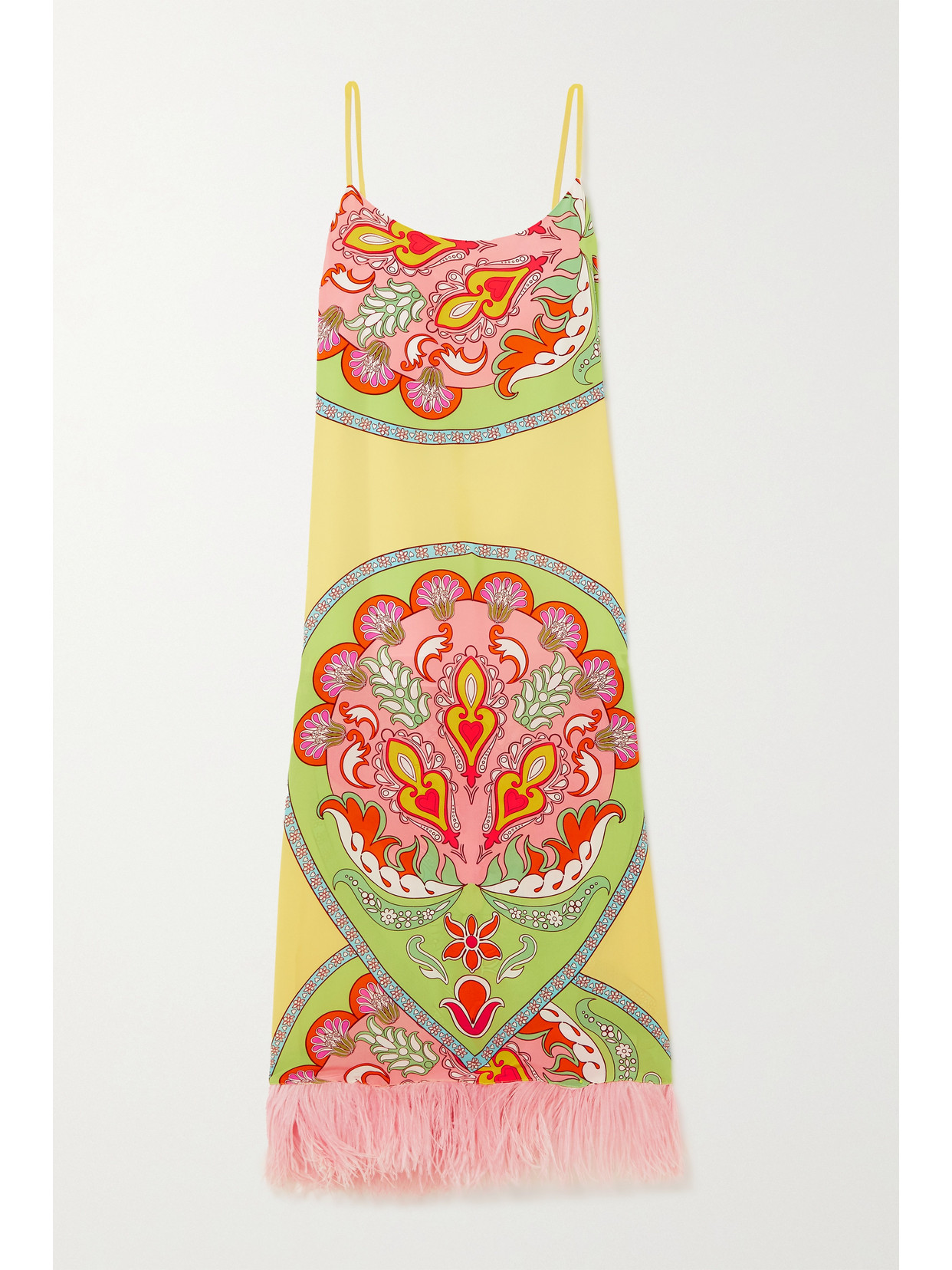 Borgo de Nor - Thalai Feather-trimmed Printed Crepe De Chine Midi Dress - Yellow