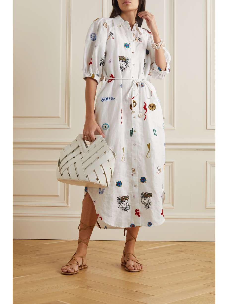 Ivory Soleil embroidered linen midi shirt dress | ALÃMAIS | NET-A-PORTER