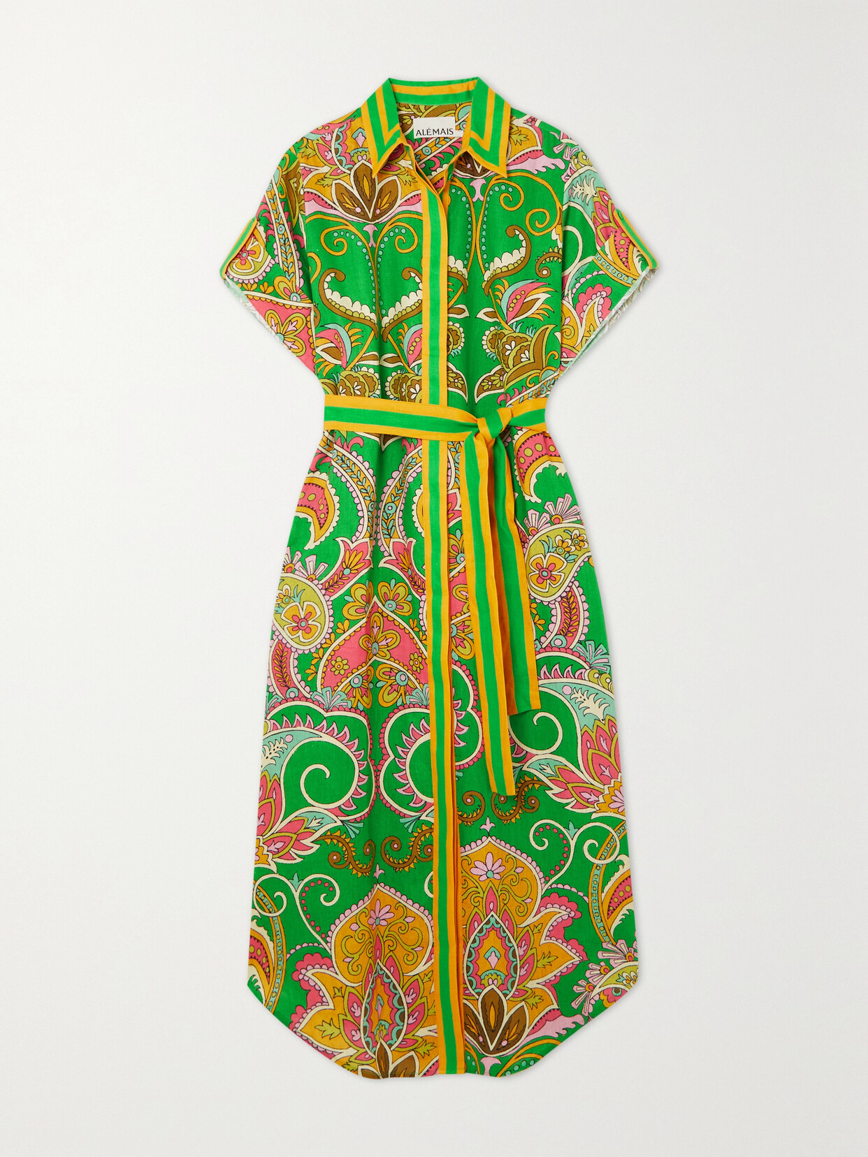 ALEMAIS MARION BELTED PRINTED LINEN MIDI SHIRT DRESS