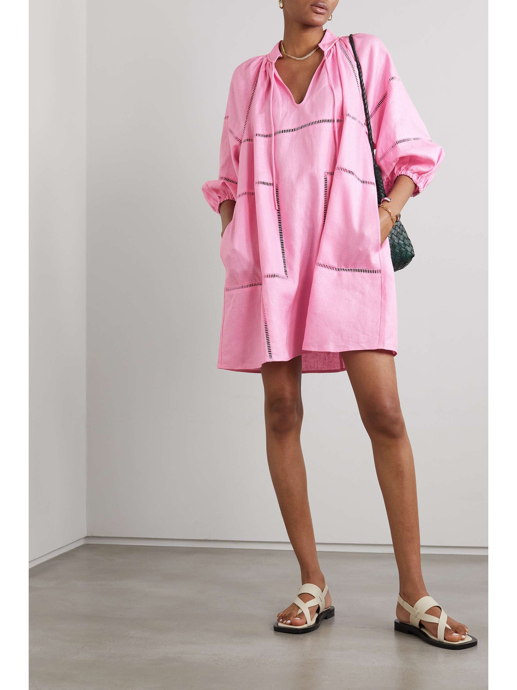 Bright pink Gathered linen mini dress OROTON NETAPORTER