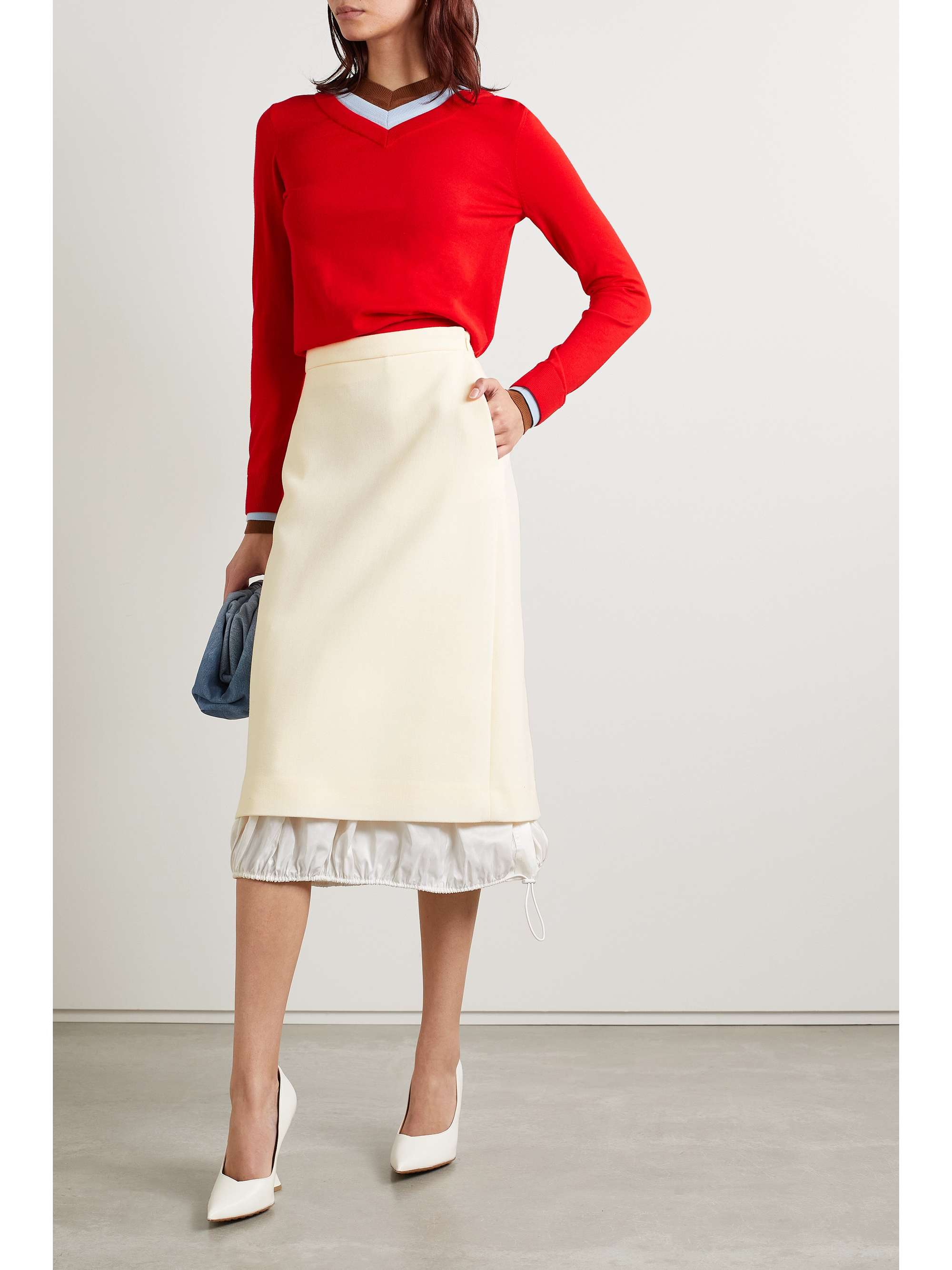 TORY BURCH Silk-trimmed wool midi skirt