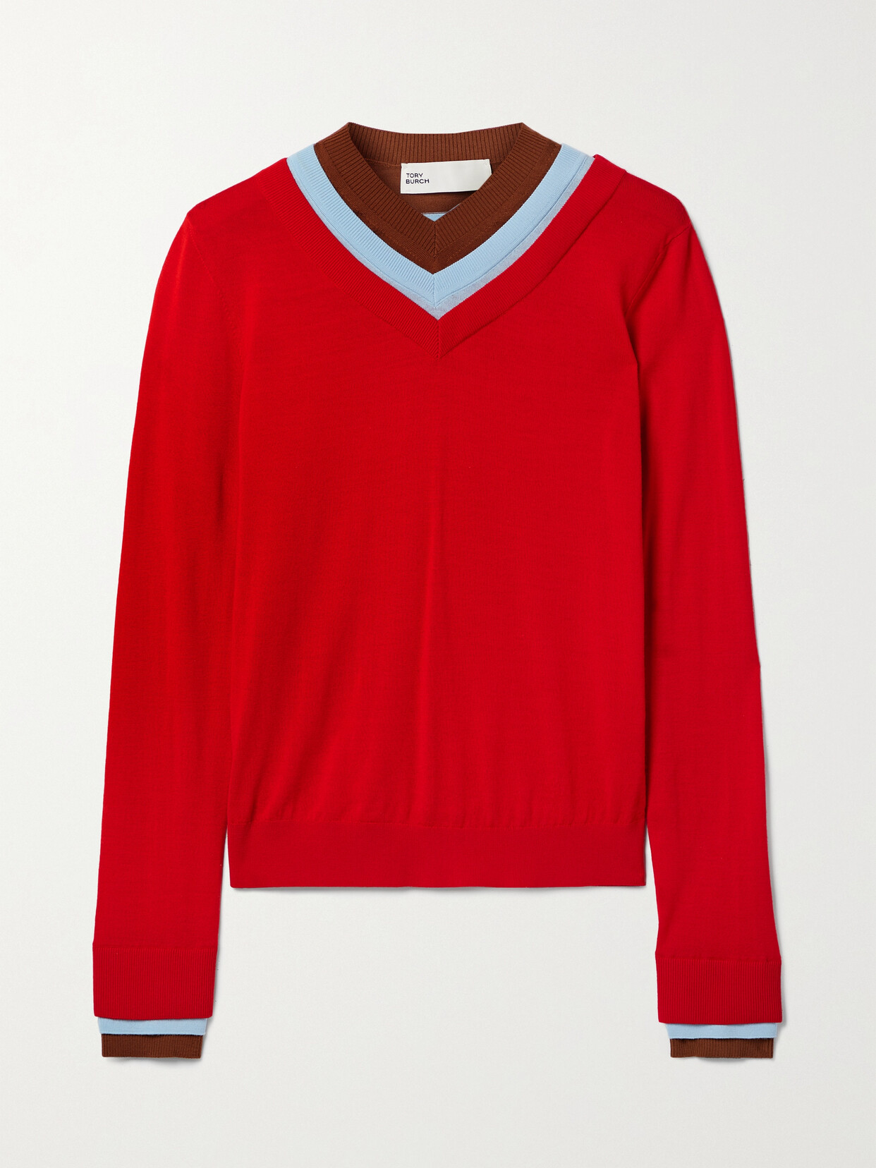 TORY BURCH LAYERED COLOR-BLOCK WOOL SWEATER