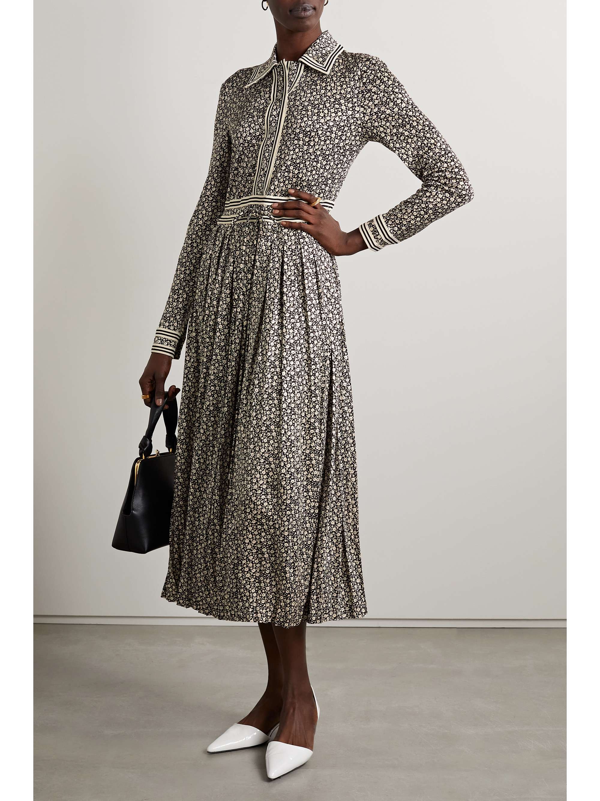 TORY BURCH Pleated floral-print piqué midi shirt dress