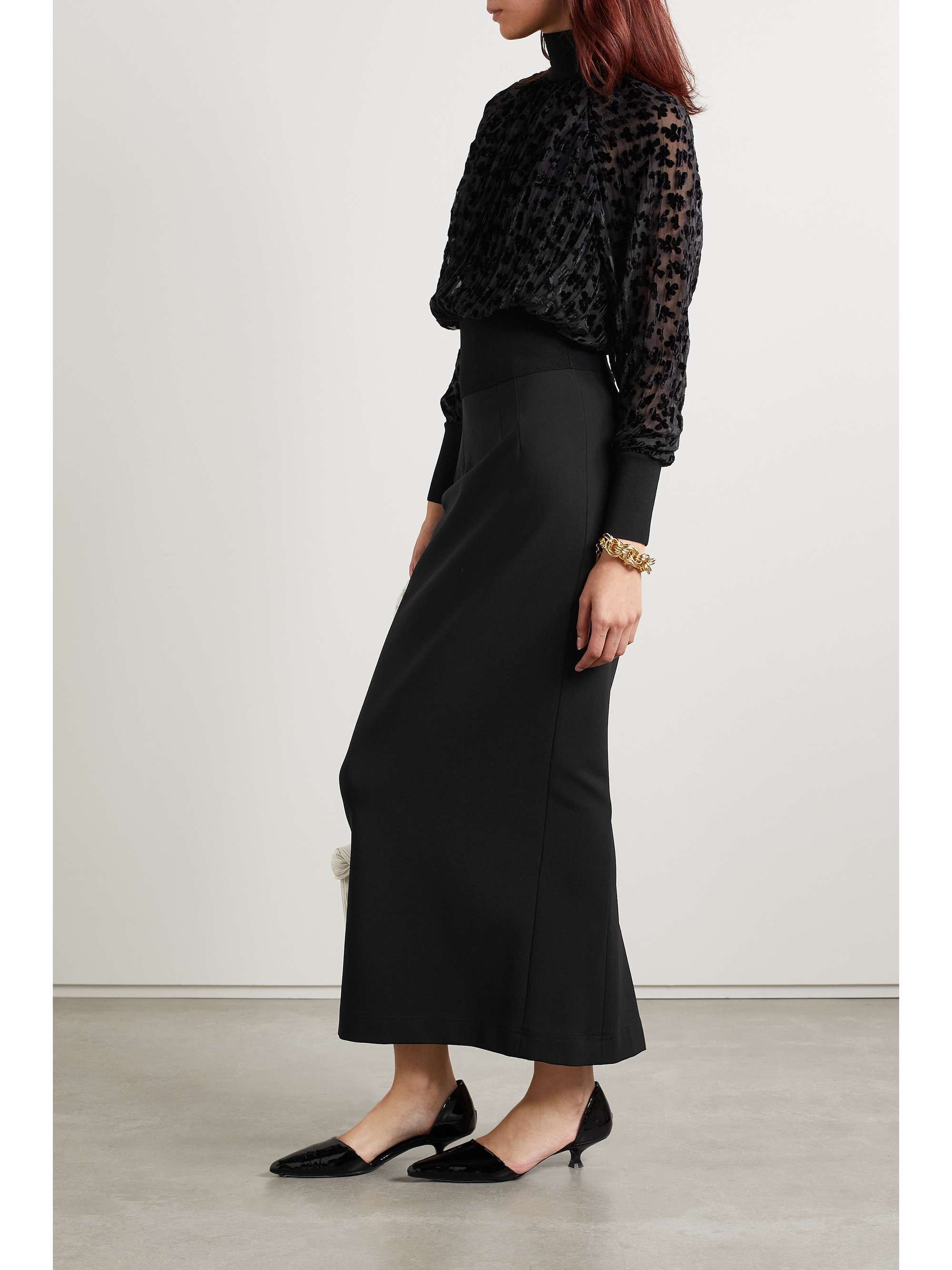 TORY BURCH Stretch-knit, devoré-velvet and tulle turtleneck top