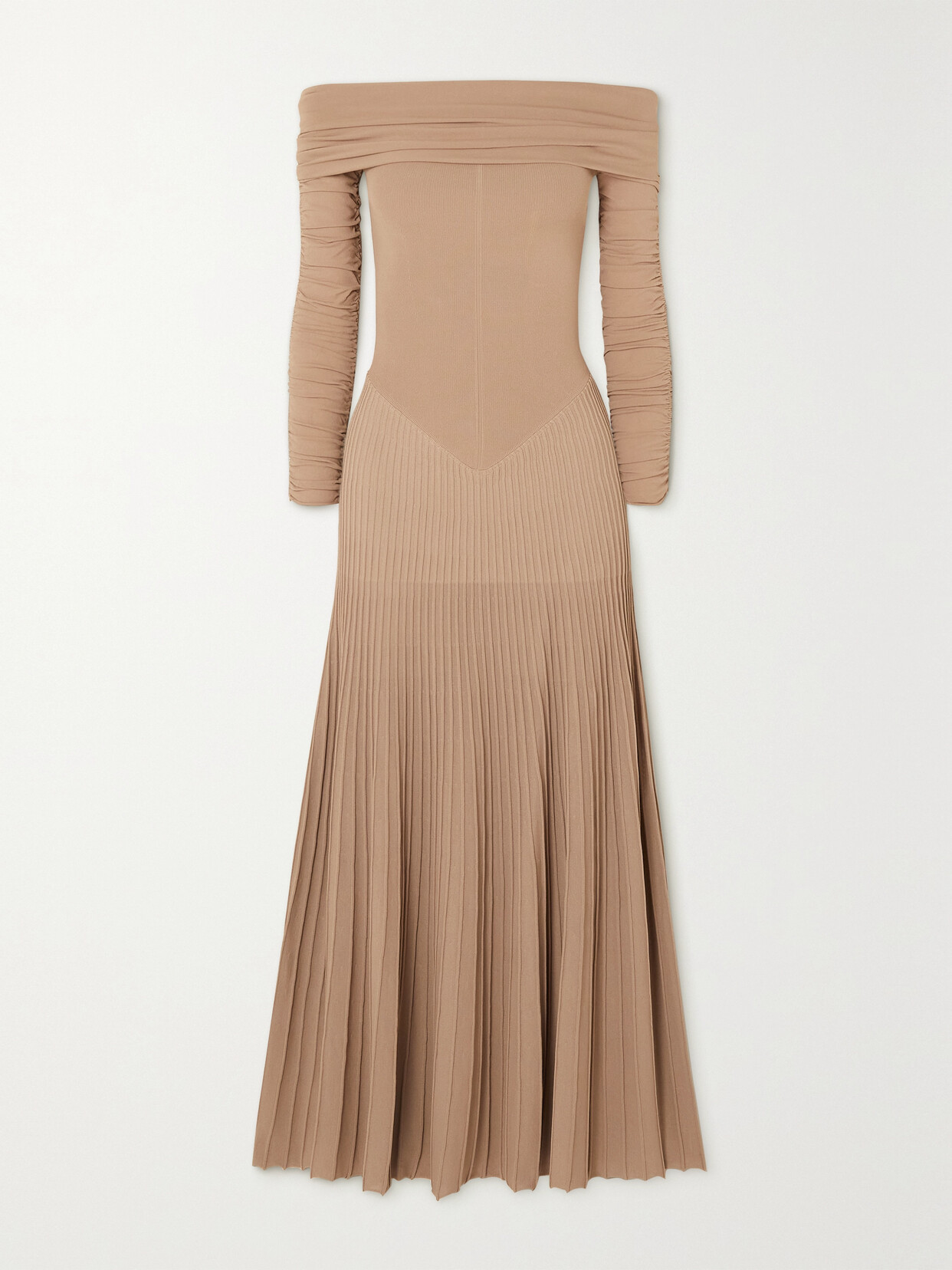 Khaite - Rebecca Off-the-shoulder Ruched Pleated Stretch-knit Maxi Dress - Brown