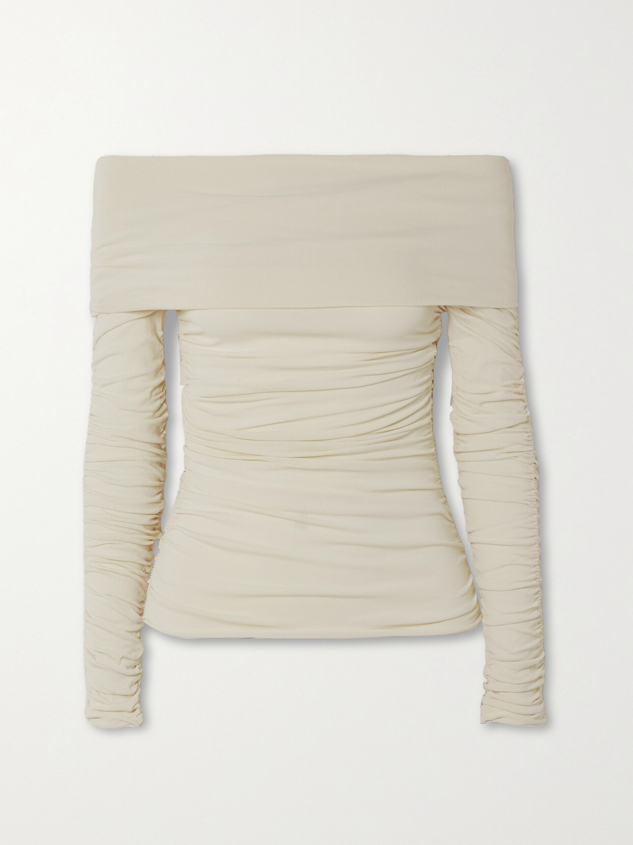 Shop Khaite Zuri Off-the-shoulder Ruched Jersey Top In Ivory