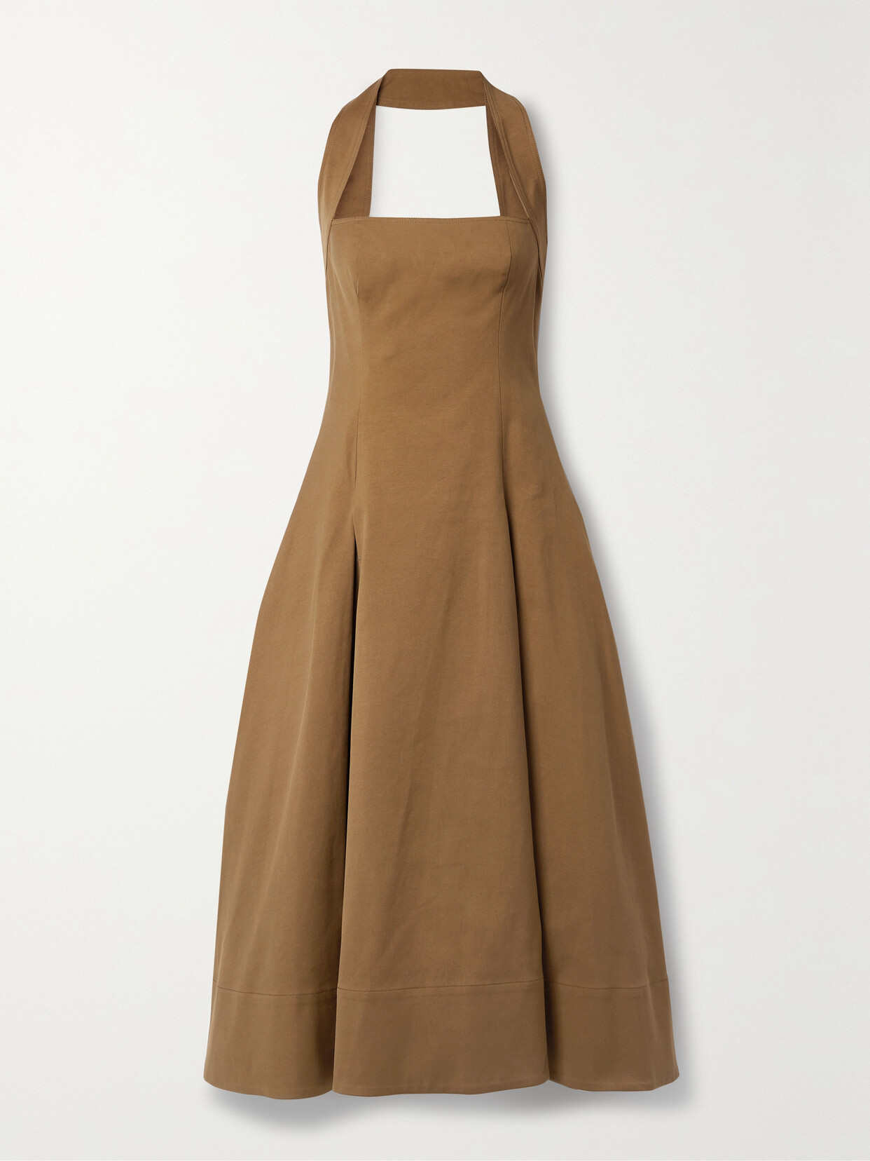 Shop Khaite Lalita Pleated Cotton-blend Twill Halterneck Midi Dress In Brown