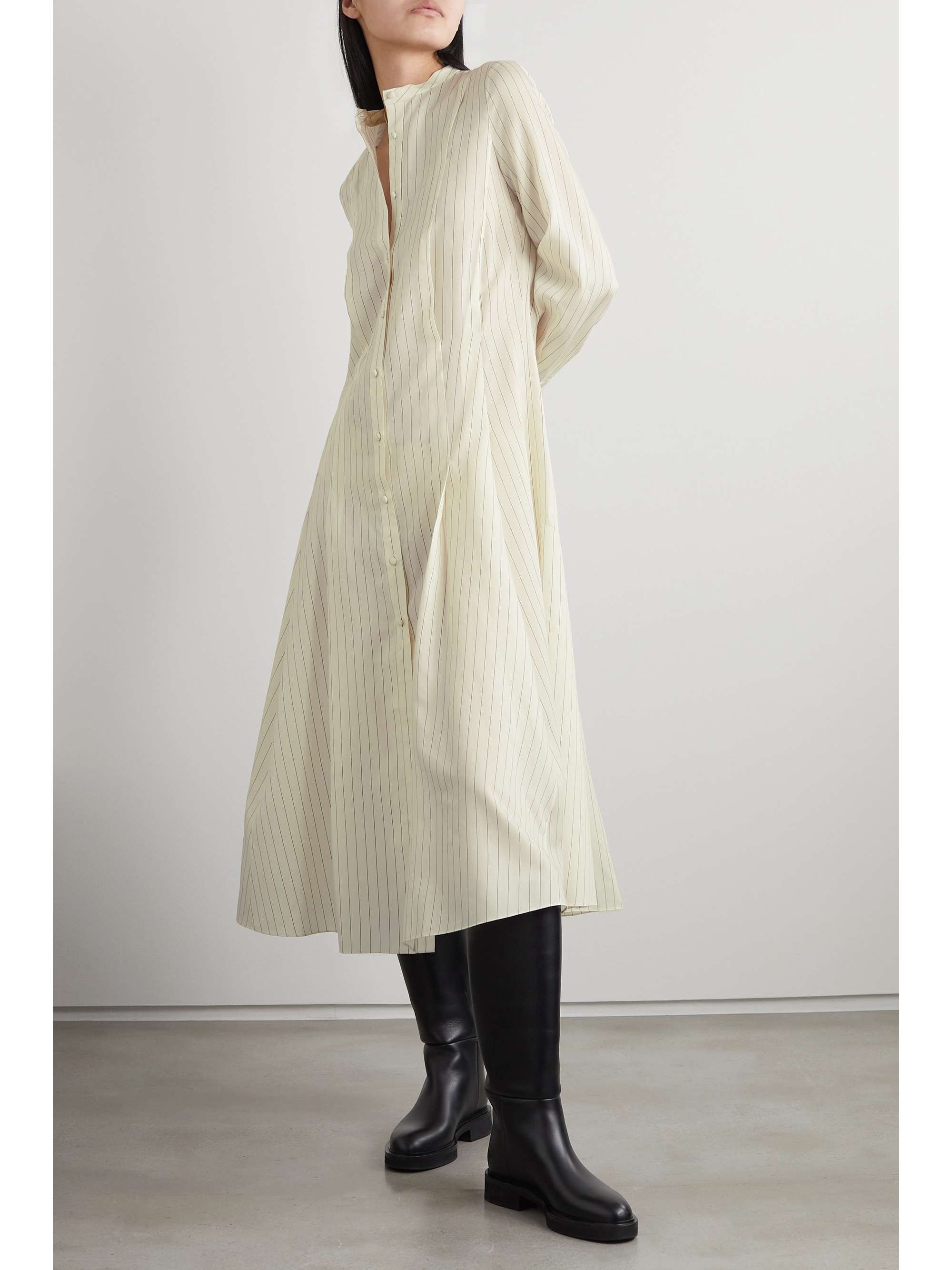 KHAITE Waylon oversized pleated striped wool, silk and cotton-blend shirt dress