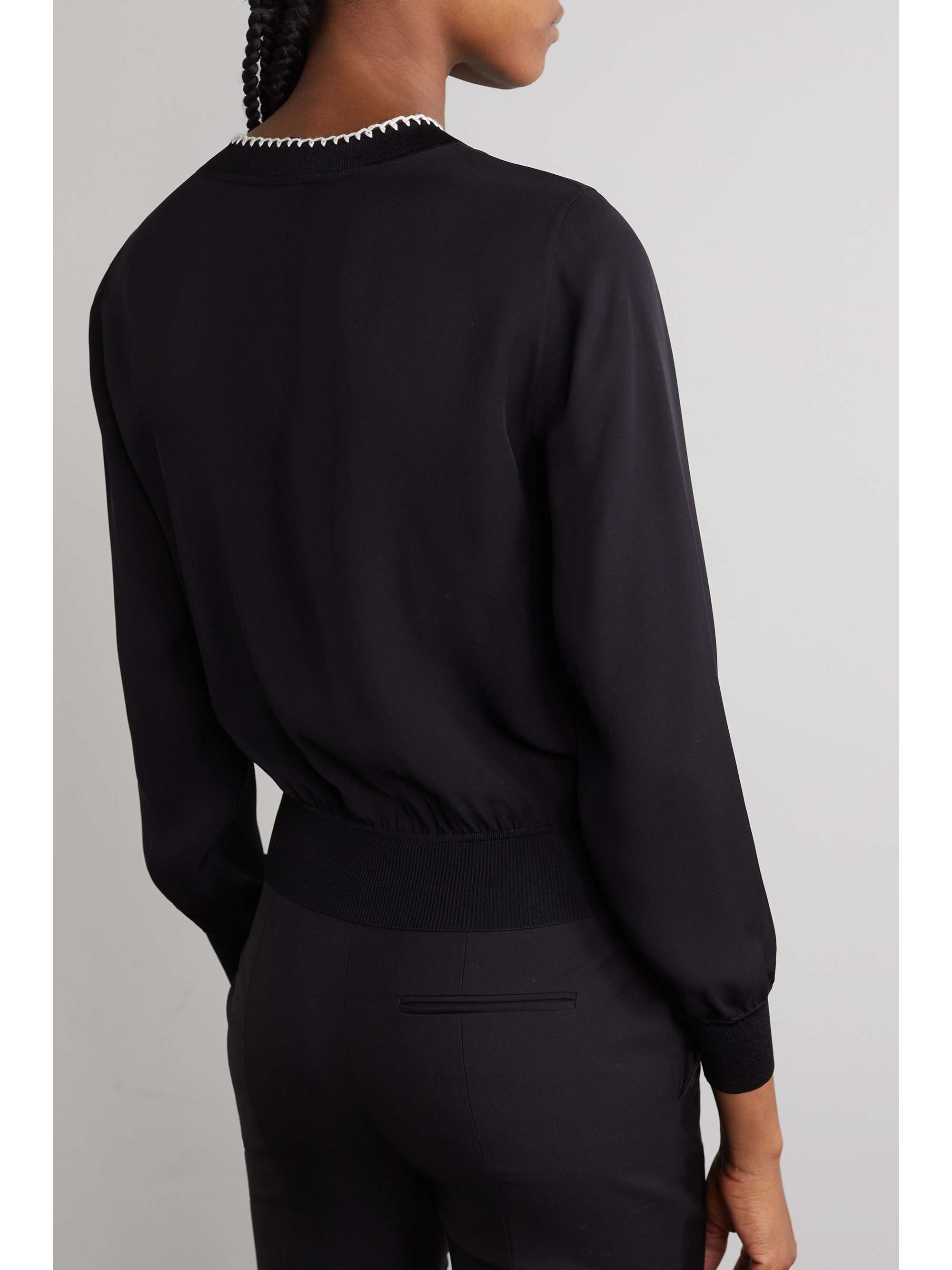 THEORY Embroidered silk and ribbed-knit top