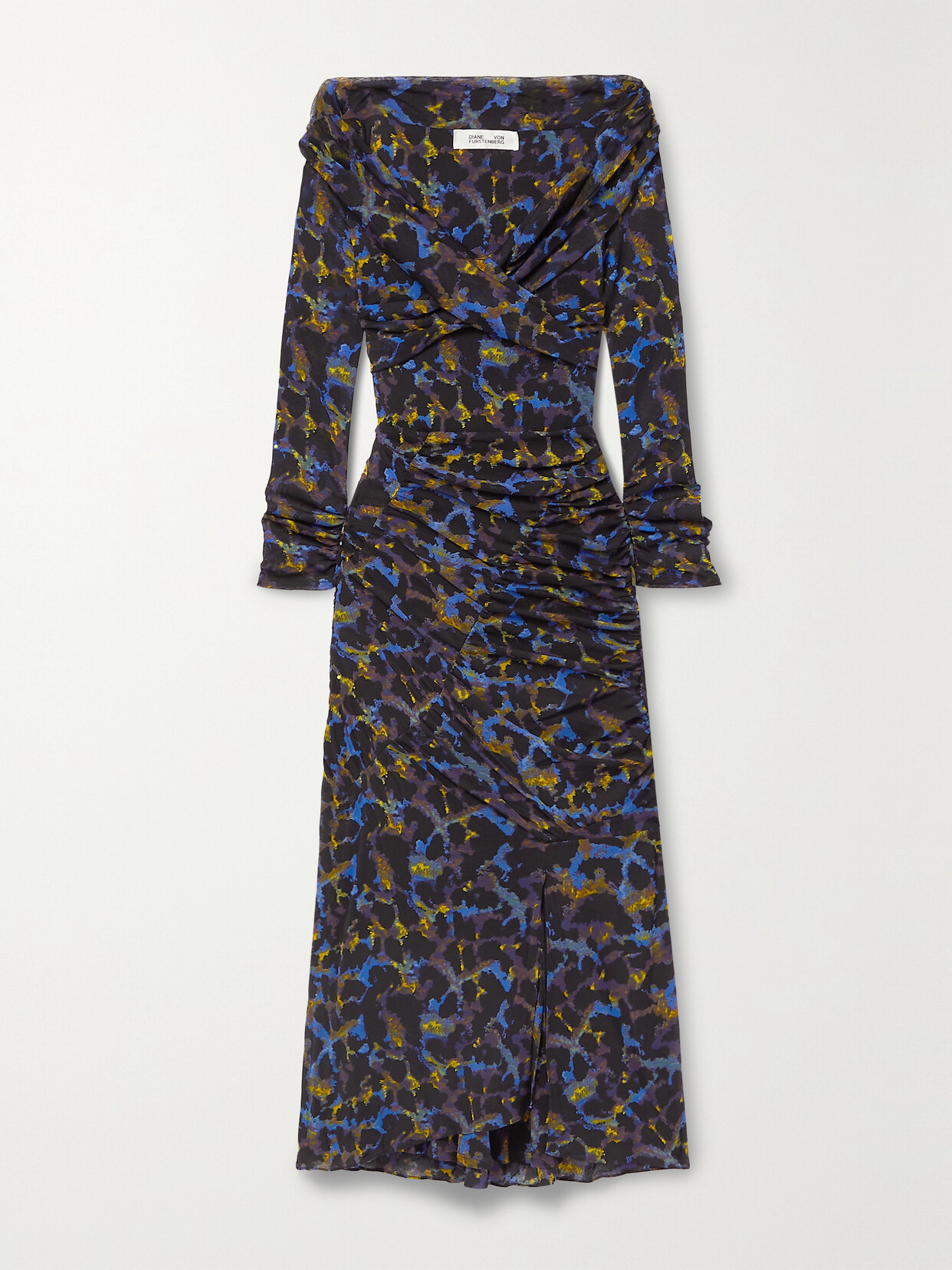 Diane von Furstenberg - Ganesa Off-the-shoulder Ruched Leopard-print Stretch-mesh Midi Dress - Black