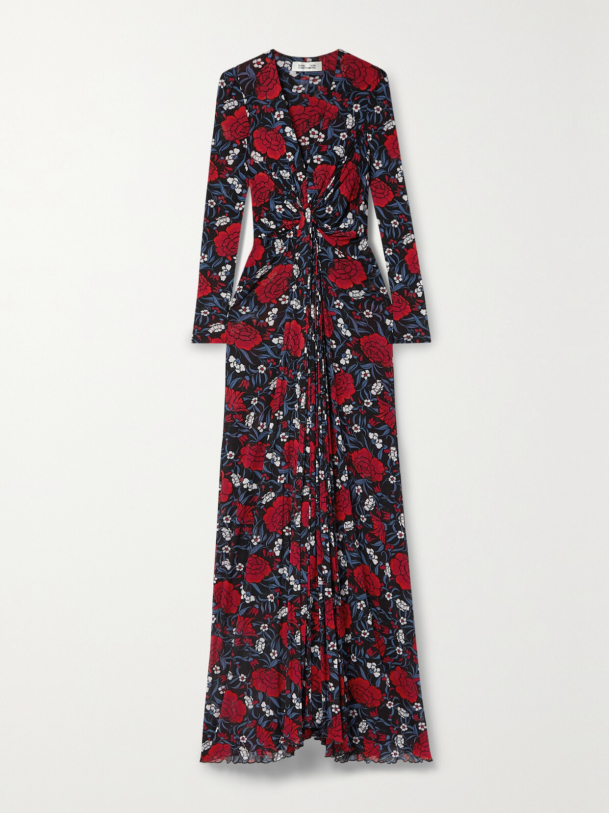 DIANE VON FURSTENBERG ADARA DRAPED FLORAL-PRINT STRETCH-MESH MAXI DRESS