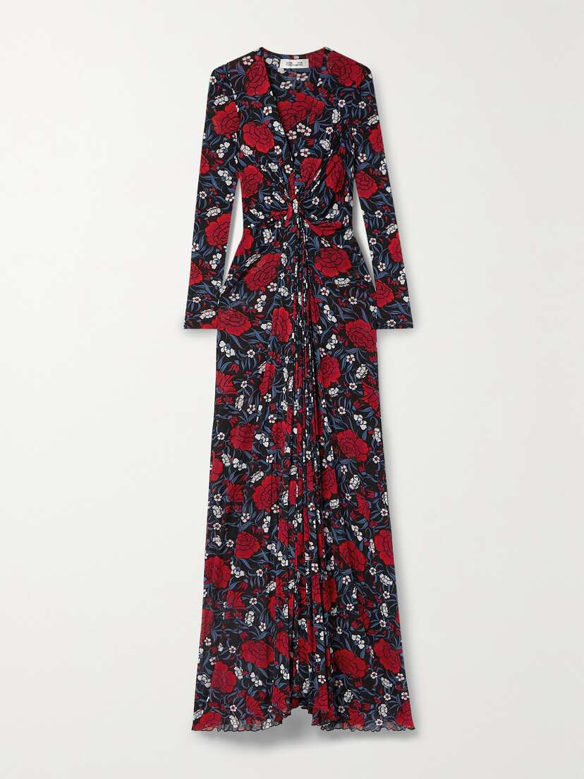 Diane von Furstenberg Adara Draped Floral-print Stretch-mesh Maxi Dress