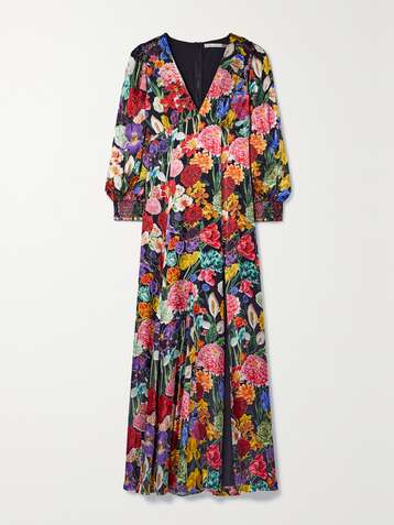 앨리스 앤 올리비아 ALICE + OLIVIA Tula floral-print devore-satin maxi dress,Black