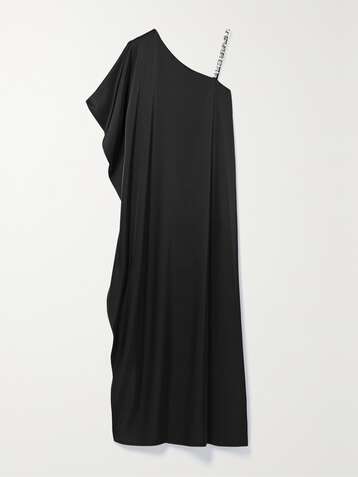 앨리스 앤 올리비아 ALICE + OLIVIA Tae crystal-embellished asymmetric duchesse-satin gown,Black