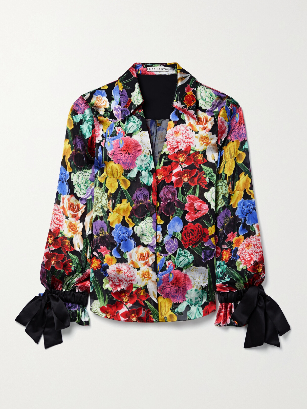 ALICE AND OLIVIA RANDA BOW-DETAILED FLORAL-PRINT DEVORÉ-SATIN BLOUSE